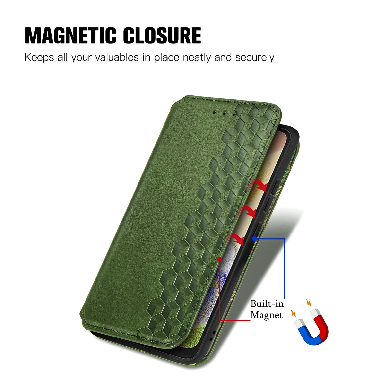 For Samsung Galaxy A04 4G (164.4 x 76.3 x 9.1 mm) PU Leather Rhombus Imprinted Fall-proof Cover Magnetic Auto-absorbed Stand Wallet Folio Flip Phone Case