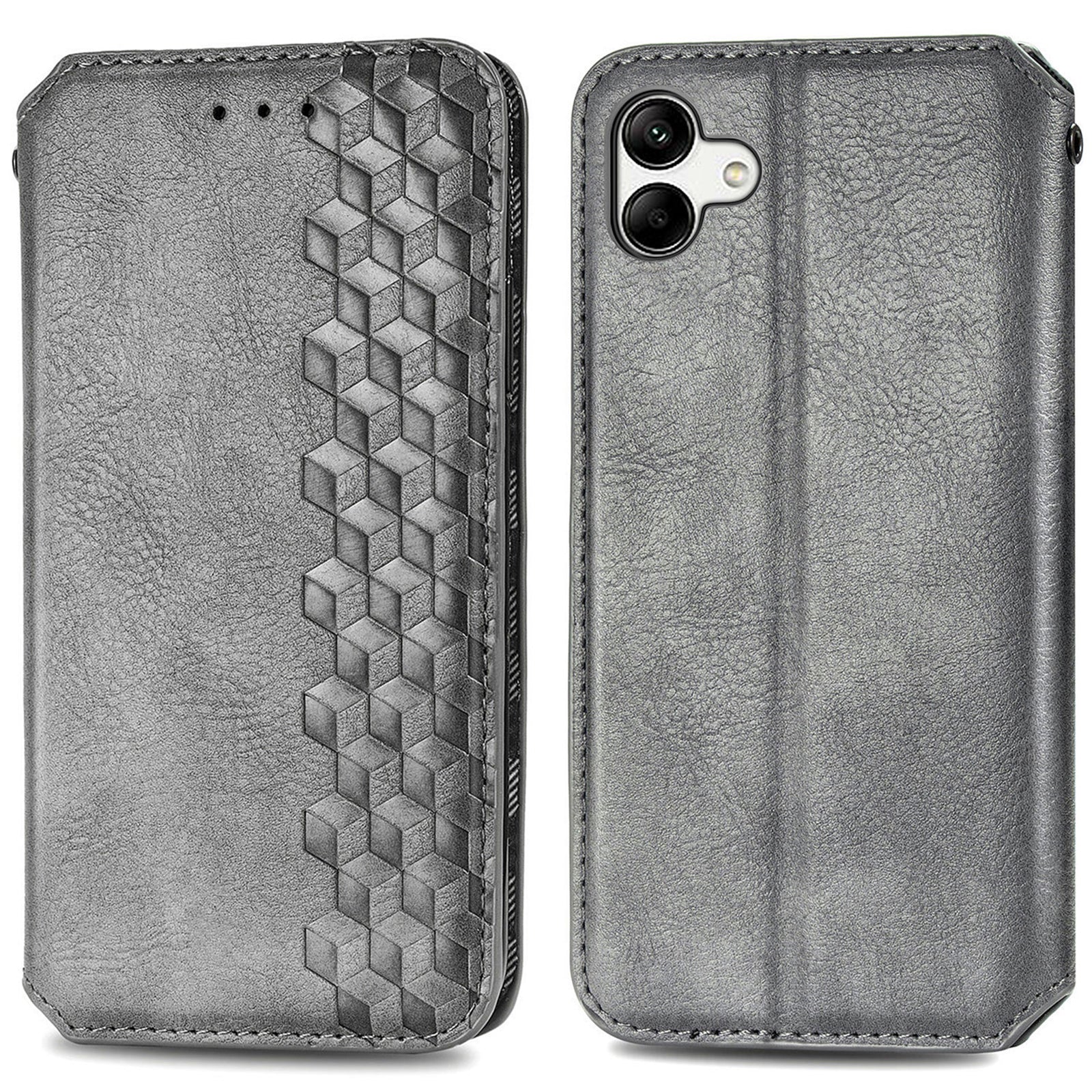 For Samsung Galaxy A04 4G (164.4 x 76.3 x 9.1 mm) PU Leather Rhombus Imprinted Fall-proof Cover Magnetic Auto-absorbed Stand Wallet Folio Flip Phone Case