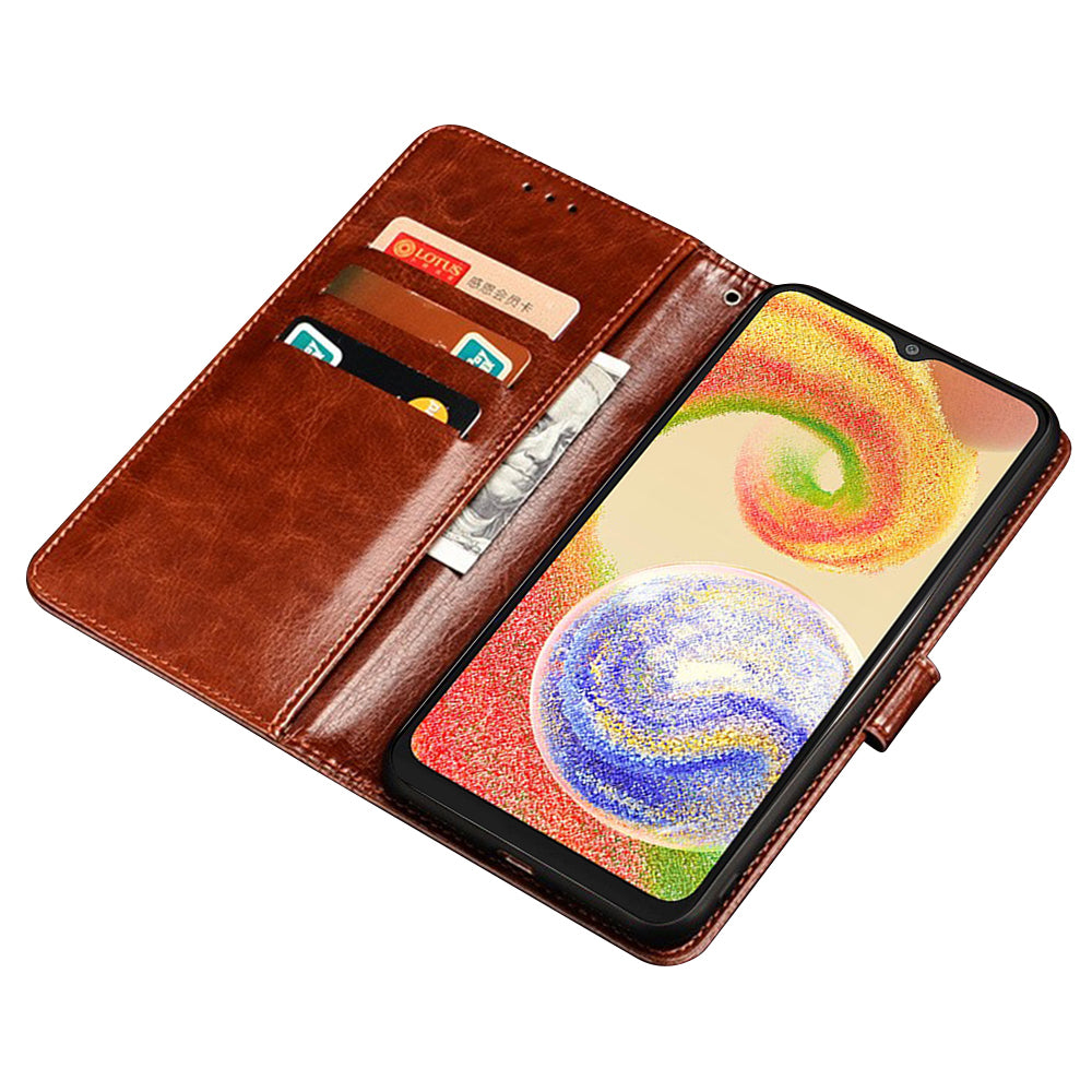 IDEWEI For Samsung Galaxy A04e 4G F04 4G M04 4G PU Leather Flip Phone Cover Scratch Resistant Protective Case Stand Feature Crazy Horse Texture Wallet Shell