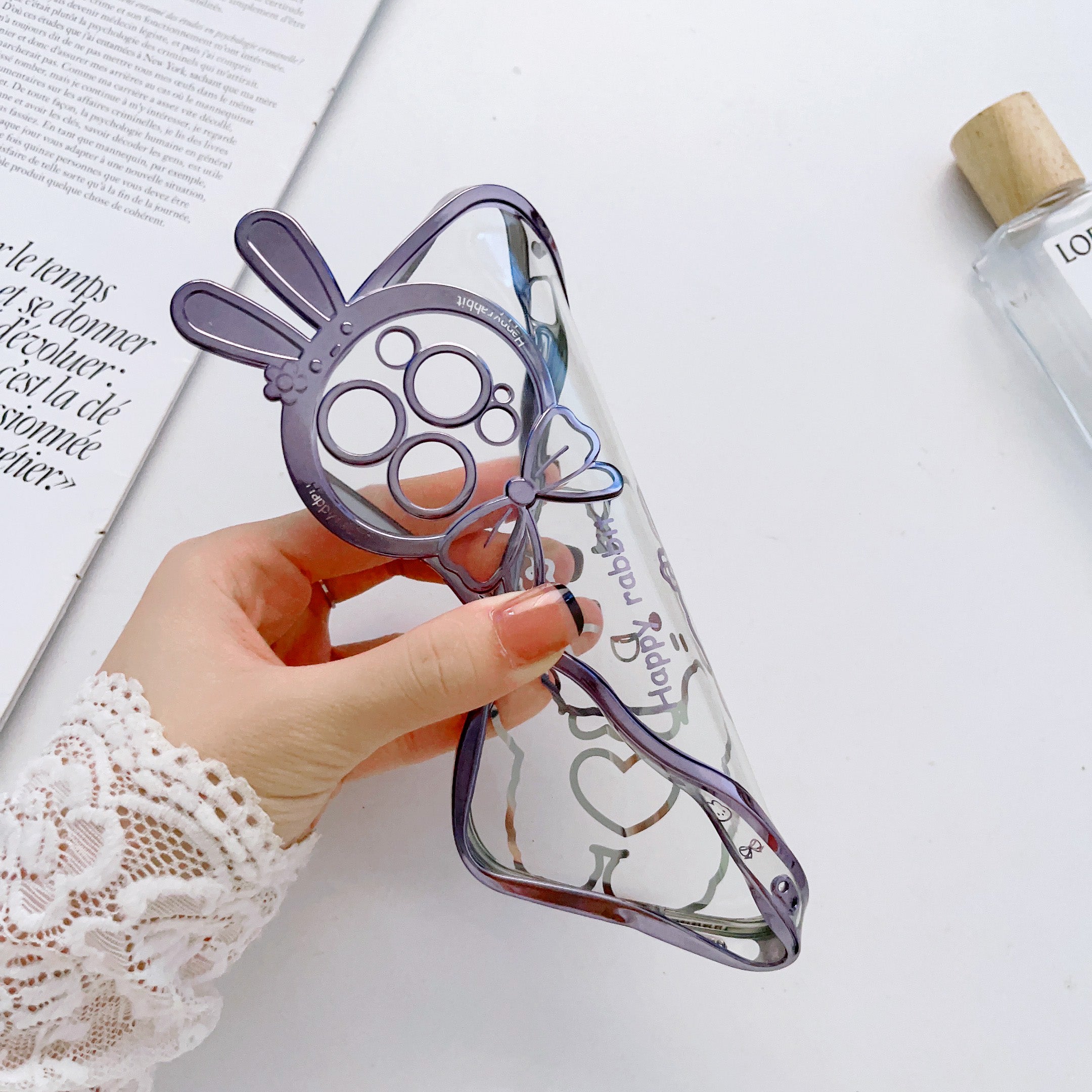For iPhone 14 Pro Rabbit Ear Camera Lens Frame TPU Case Transparent Electroplating Phone Cover