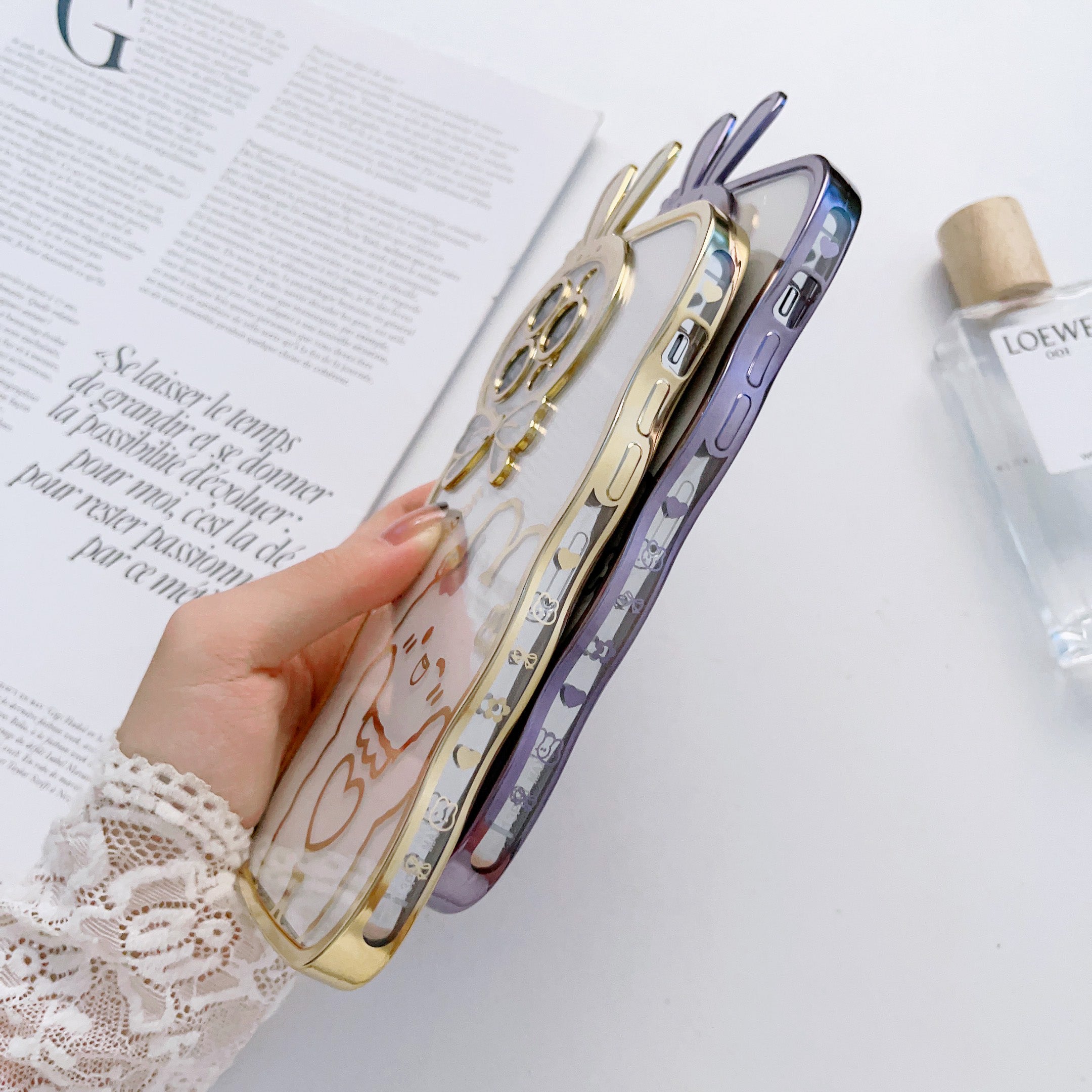 For iPhone 14 Pro Rabbit Ear Camera Lens Frame TPU Case Transparent Electroplating Phone Cover