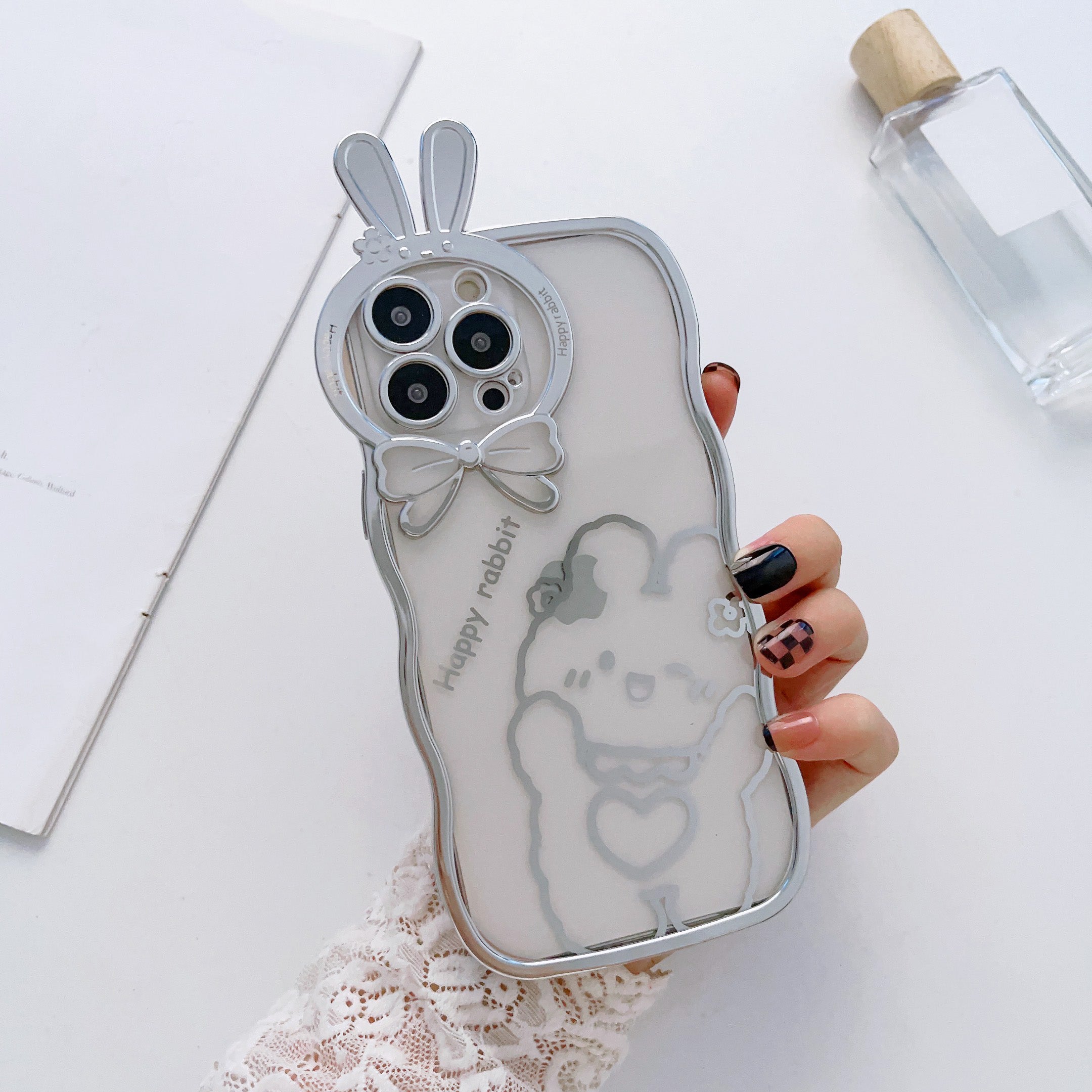 For iPhone 14 Pro Rabbit Ear Camera Lens Frame TPU Case Transparent Electroplating Phone Cover