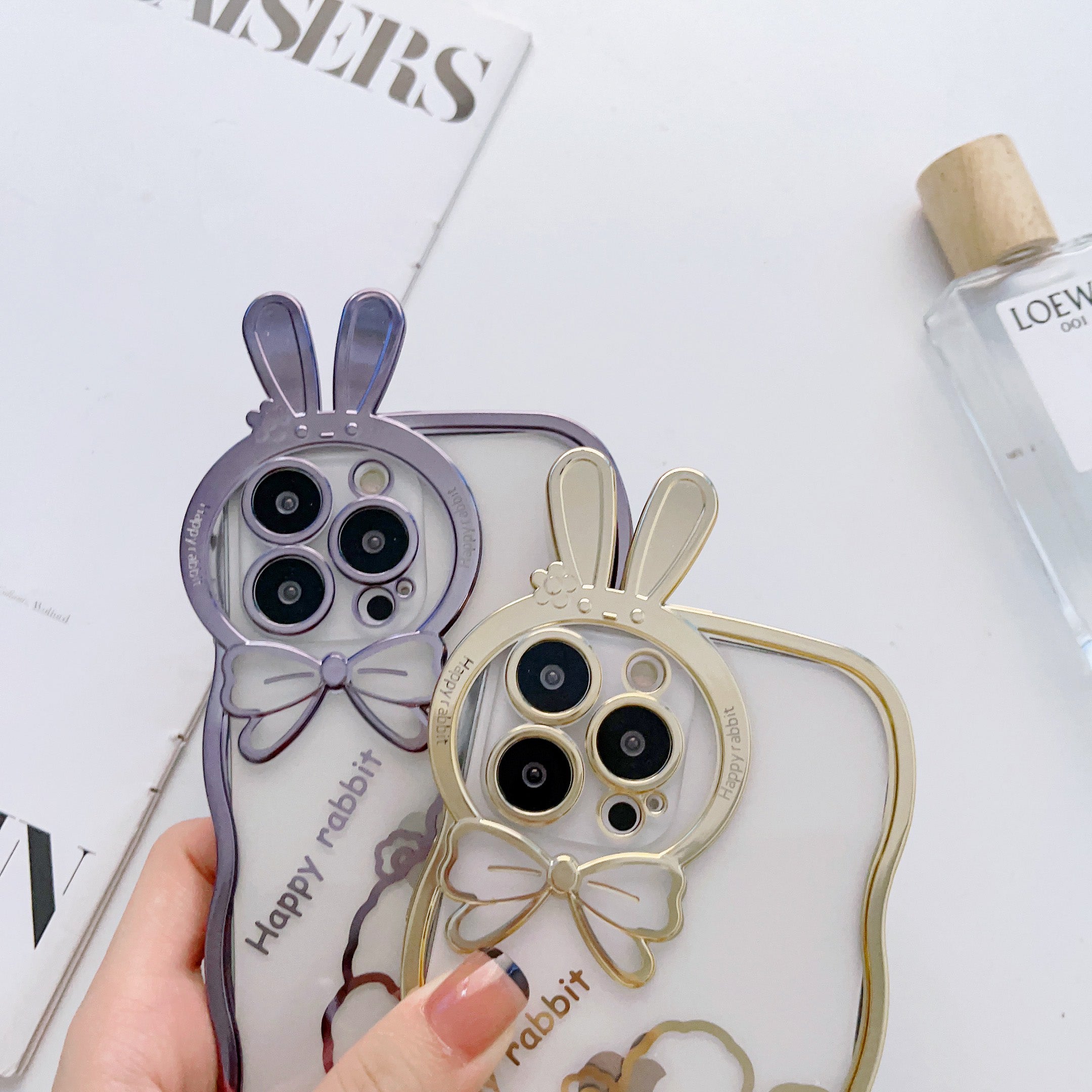 For iPhone 14 Pro Rabbit Ear Camera Lens Frame TPU Case Transparent Electroplating Phone Cover