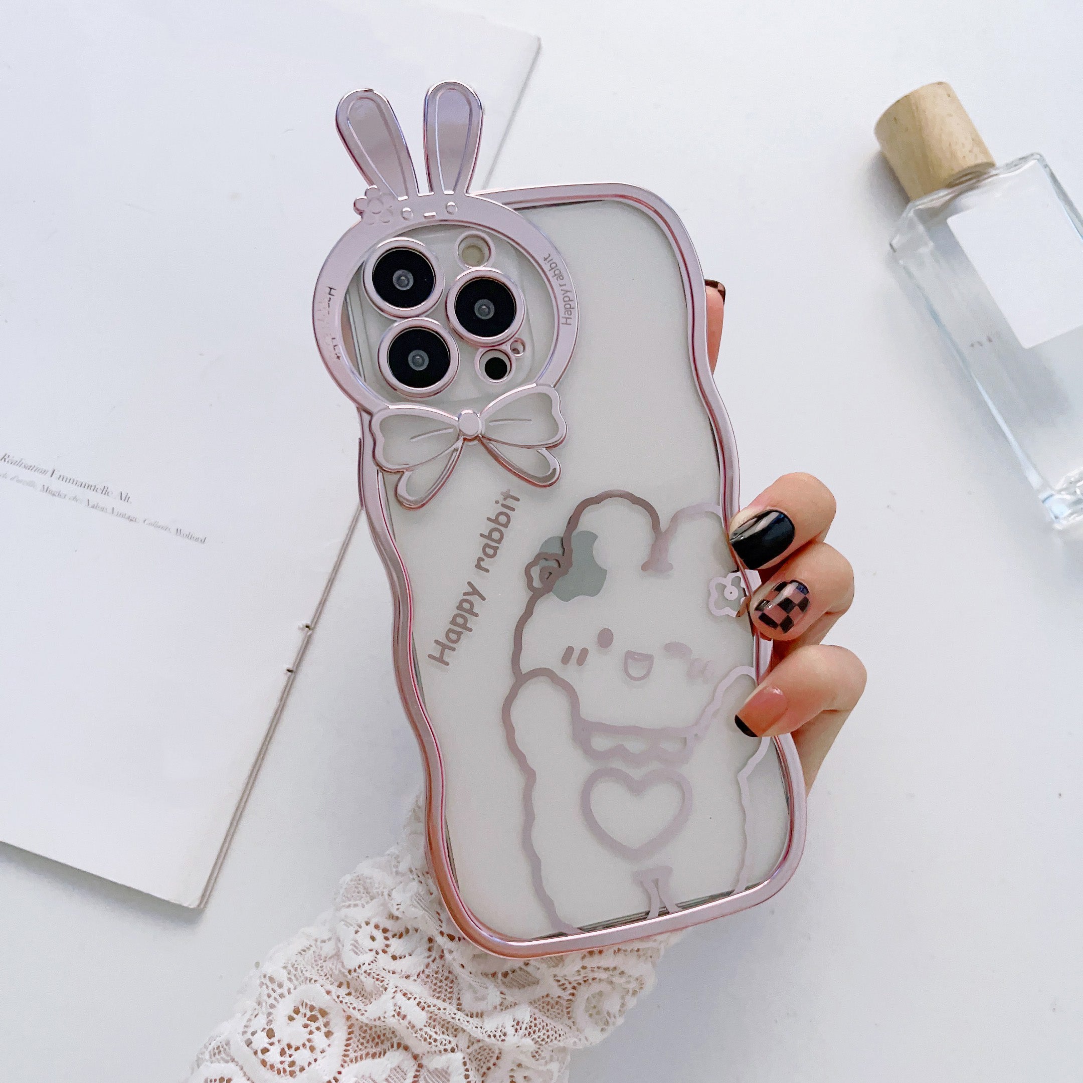 For iPhone 14 Pro Rabbit Ear Camera Lens Frame TPU Case Transparent Electroplating Phone Cover