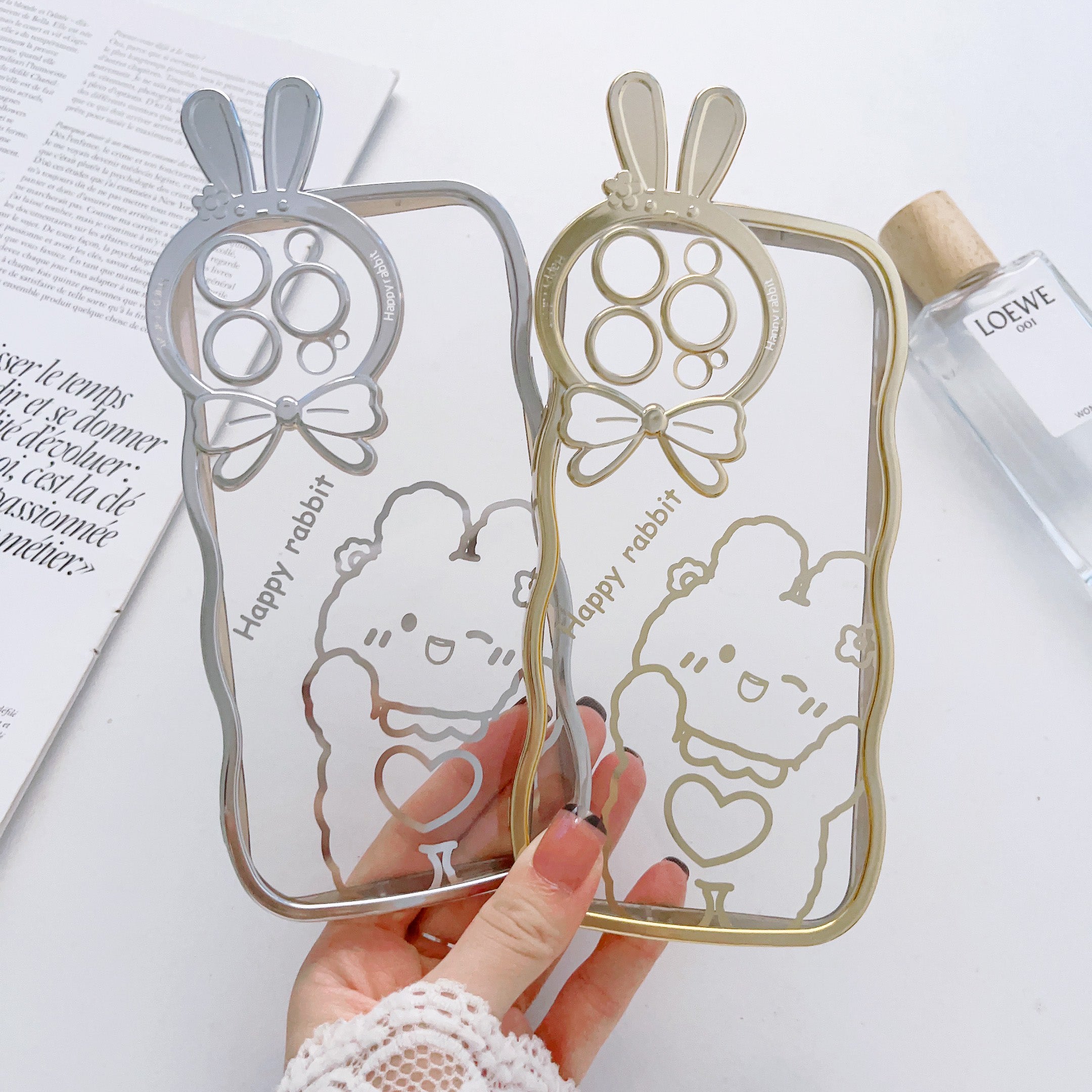For iPhone 14 Pro Rabbit Ear Camera Lens Frame TPU Case Transparent Electroplating Phone Cover