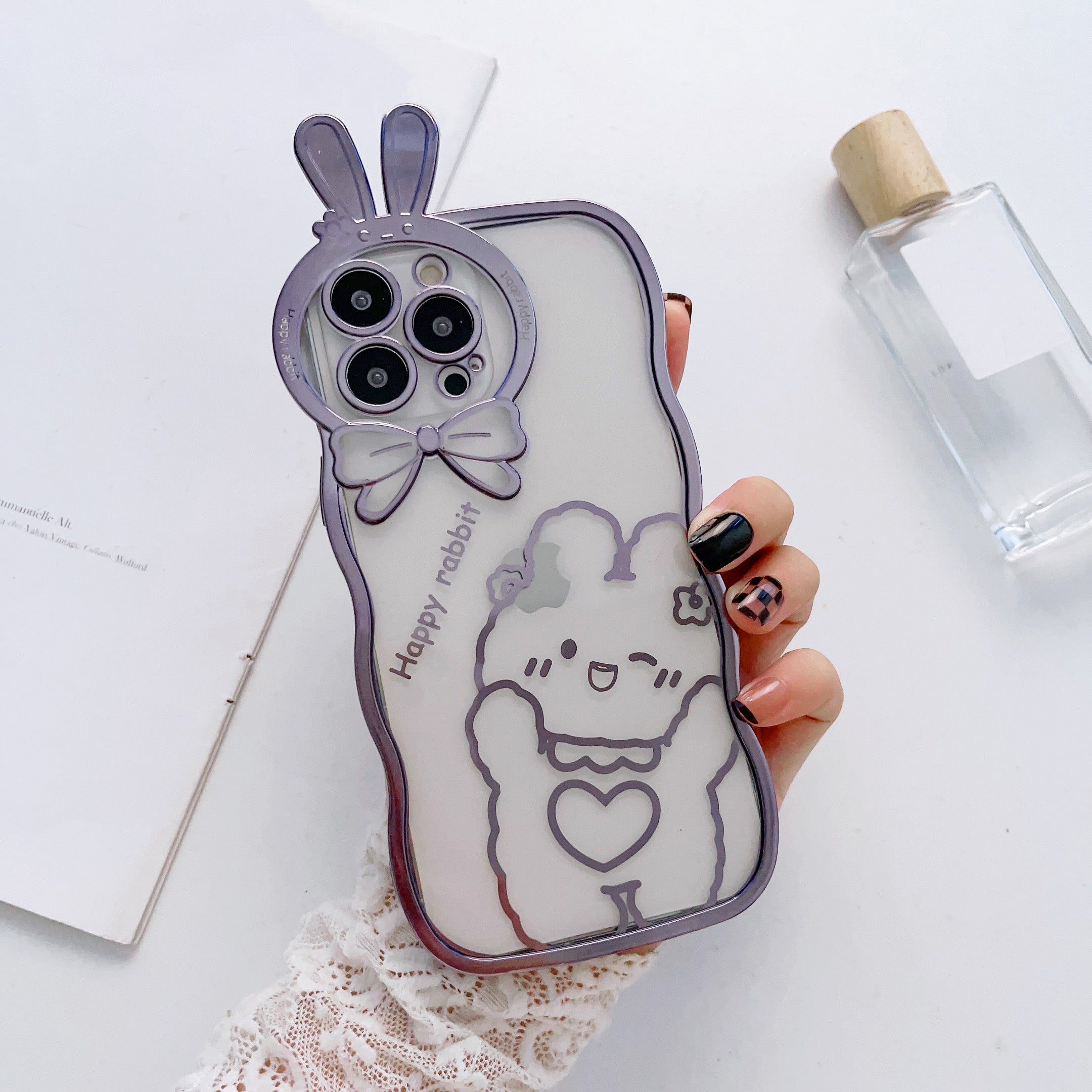 For iPhone 14 Pro Max Rabbit Ear Camera Lens Frame Phone Case Electroplating Soft TPU Back Cover