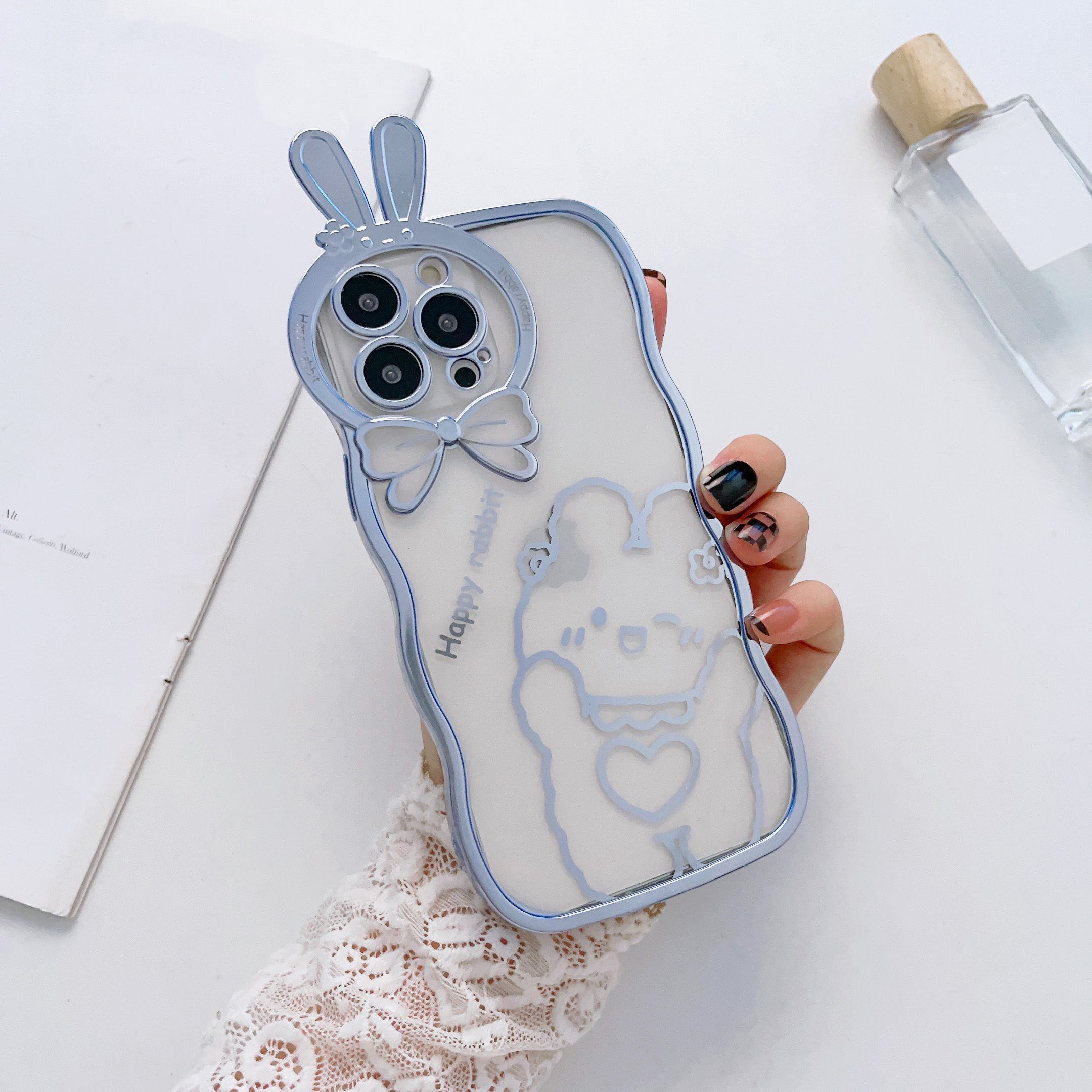 For iPhone 14 Pro Max Rabbit Ear Camera Lens Frame Phone Case Electroplating Soft TPU Back Cover