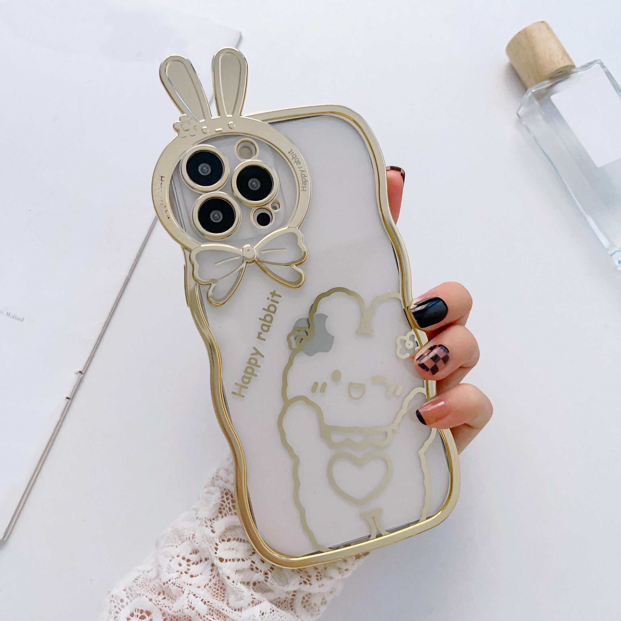 For iPhone 14 Pro Max Rabbit Ear Camera Lens Frame Phone Case Electroplating Soft TPU Back Cover