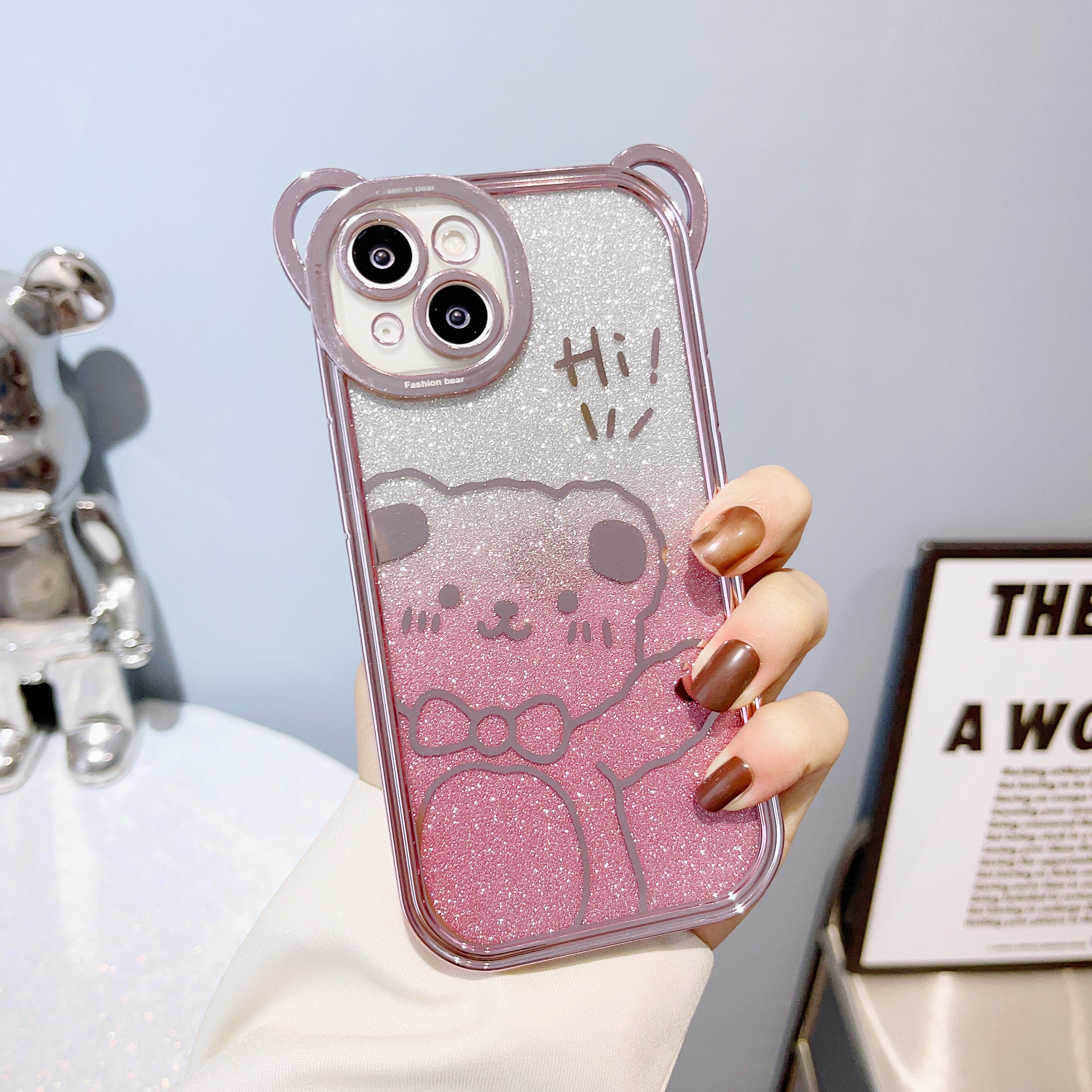 For iPhone 14 Cute Bear Electroplating Shockproof Phone Case Gradient Glitter Soft TPU Protective Cover