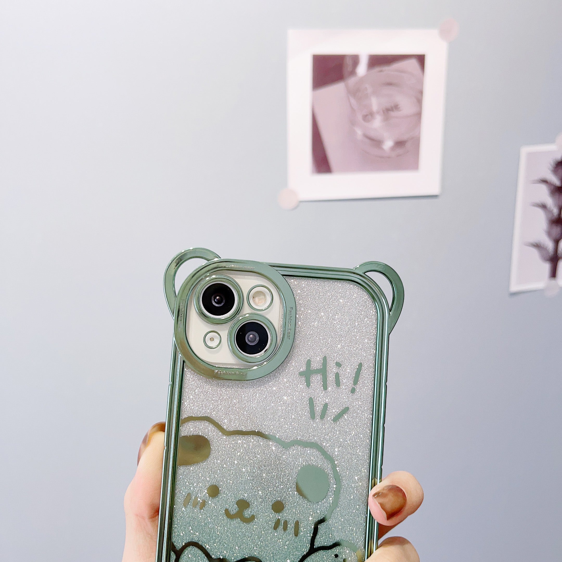 For iPhone 14 Cute Bear Electroplating Shockproof Phone Case Gradient Glitter Soft TPU Protective Cover