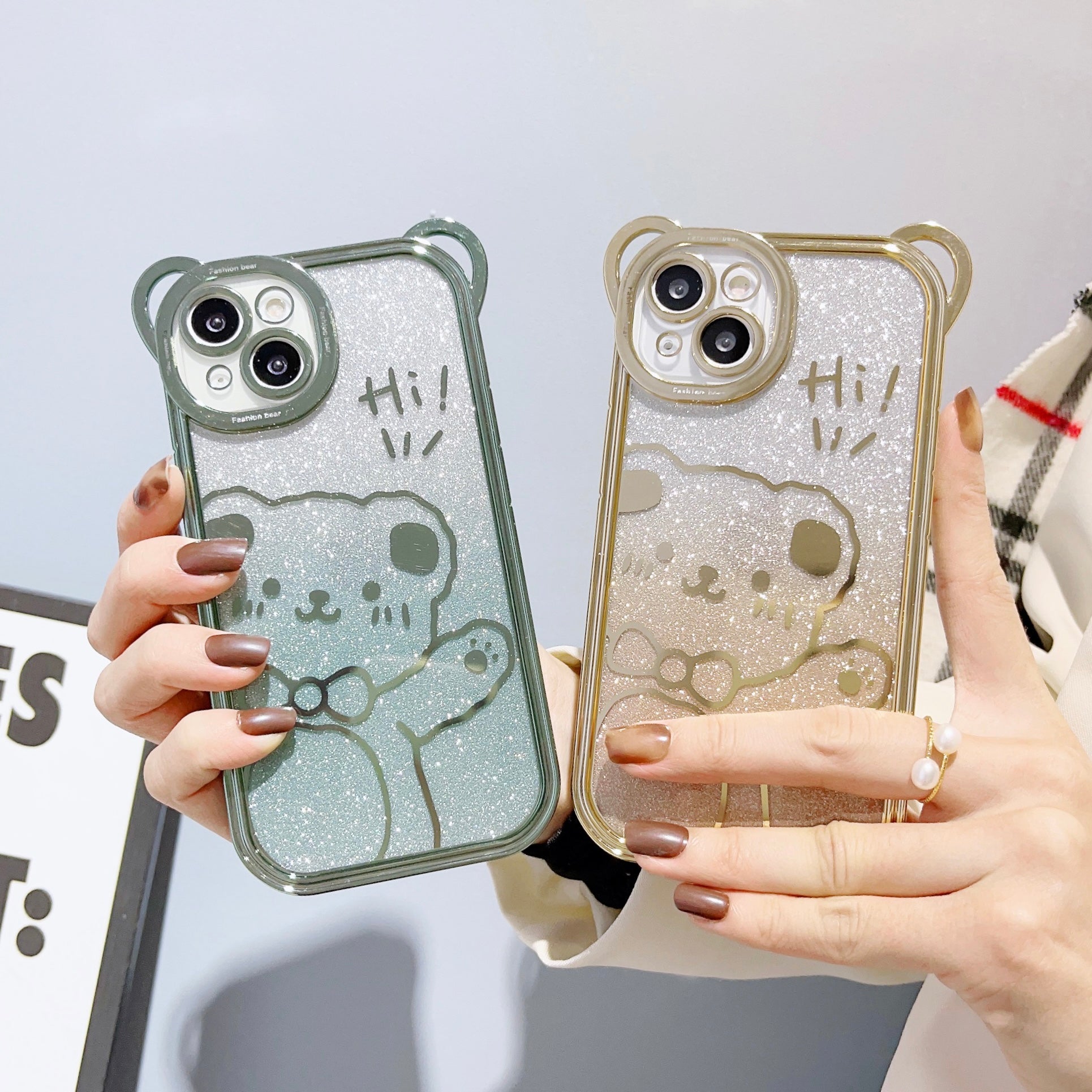 For iPhone 14 Cute Bear Electroplating Shockproof Phone Case Gradient Glitter Soft TPU Protective Cover