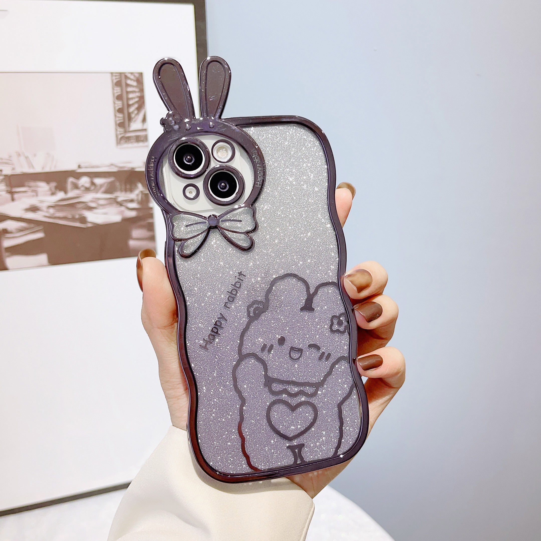 Shockproof Case for iPhone 14 Rabbit Design Electroplating Phone Case Gradient Glitter Soft TPU Cover