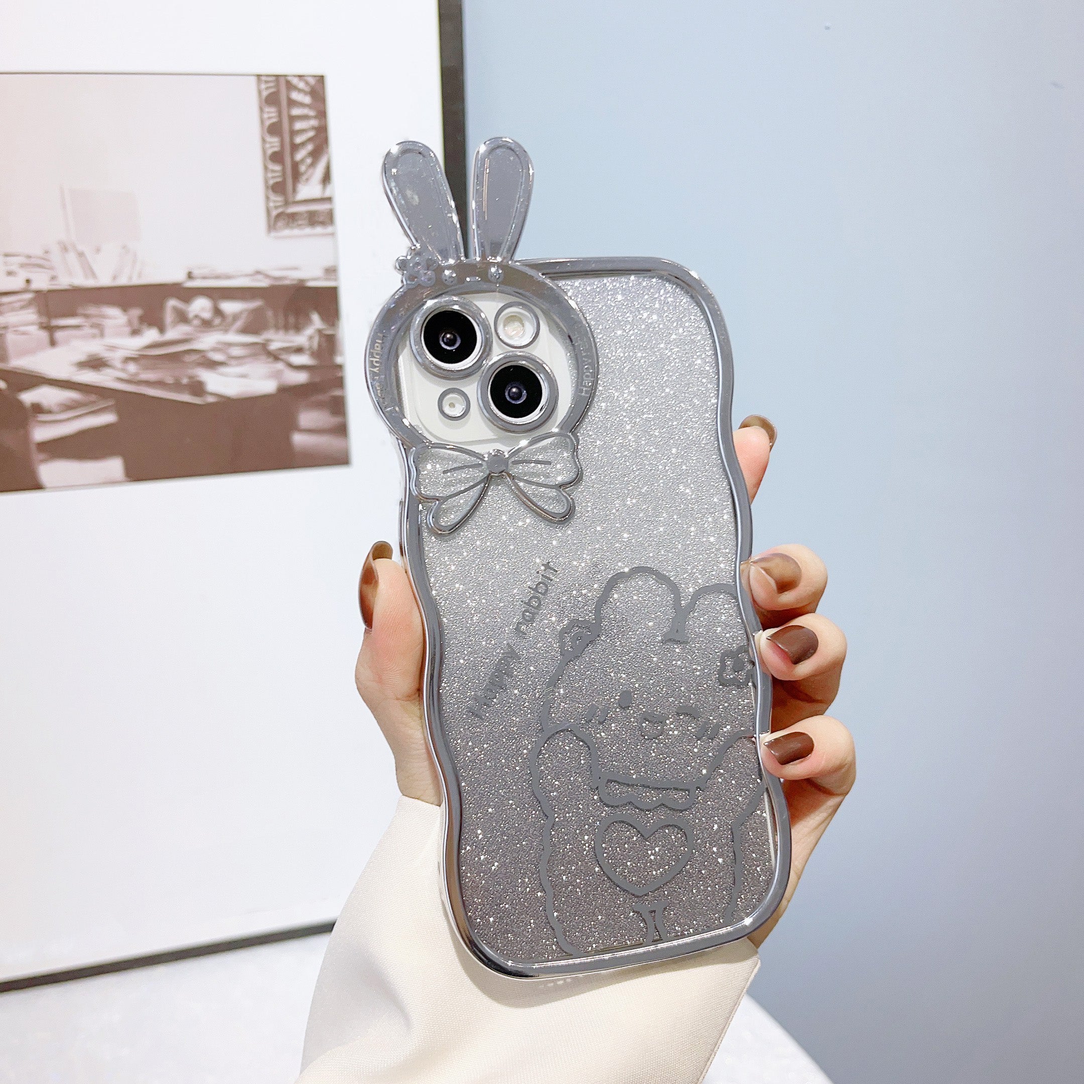 Shockproof Case for iPhone 14 Rabbit Design Electroplating Phone Case Gradient Glitter Soft TPU Cover