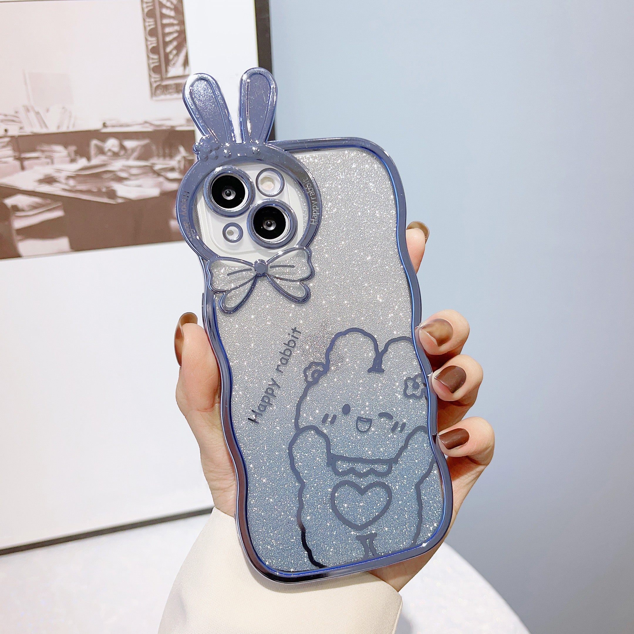 Shockproof Case for iPhone 14 Rabbit Design Electroplating Phone Case Gradient Glitter Soft TPU Cover