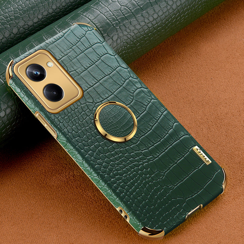 For Realme 10 Pro 5G Ring Kickstand Electroplating Phone Case Crocodile Texture Anti-drop PU Leather Coated TPU Cover