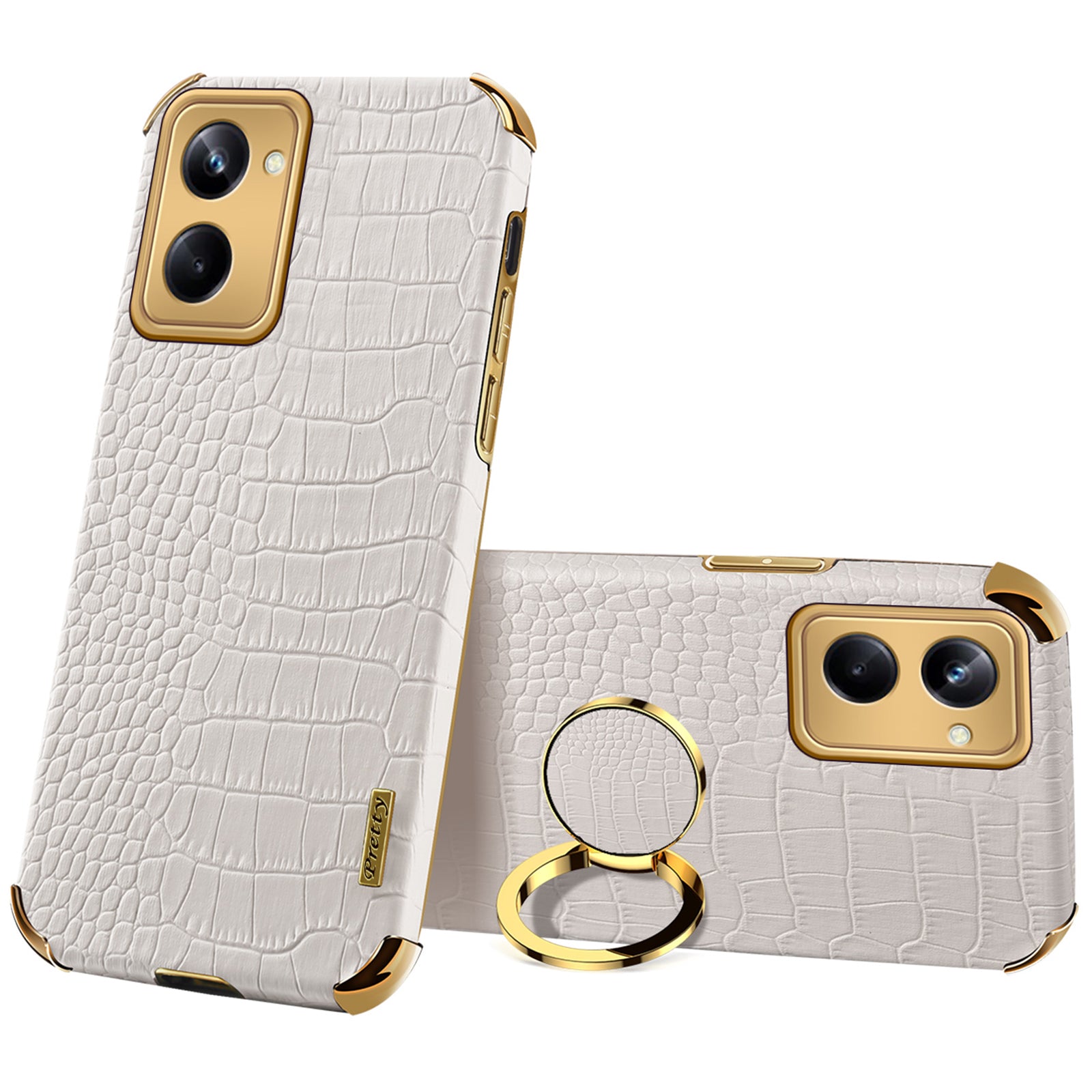 For Realme 10 Pro 5G Ring Kickstand Electroplating Phone Case Crocodile Texture Anti-drop PU Leather Coated TPU Cover