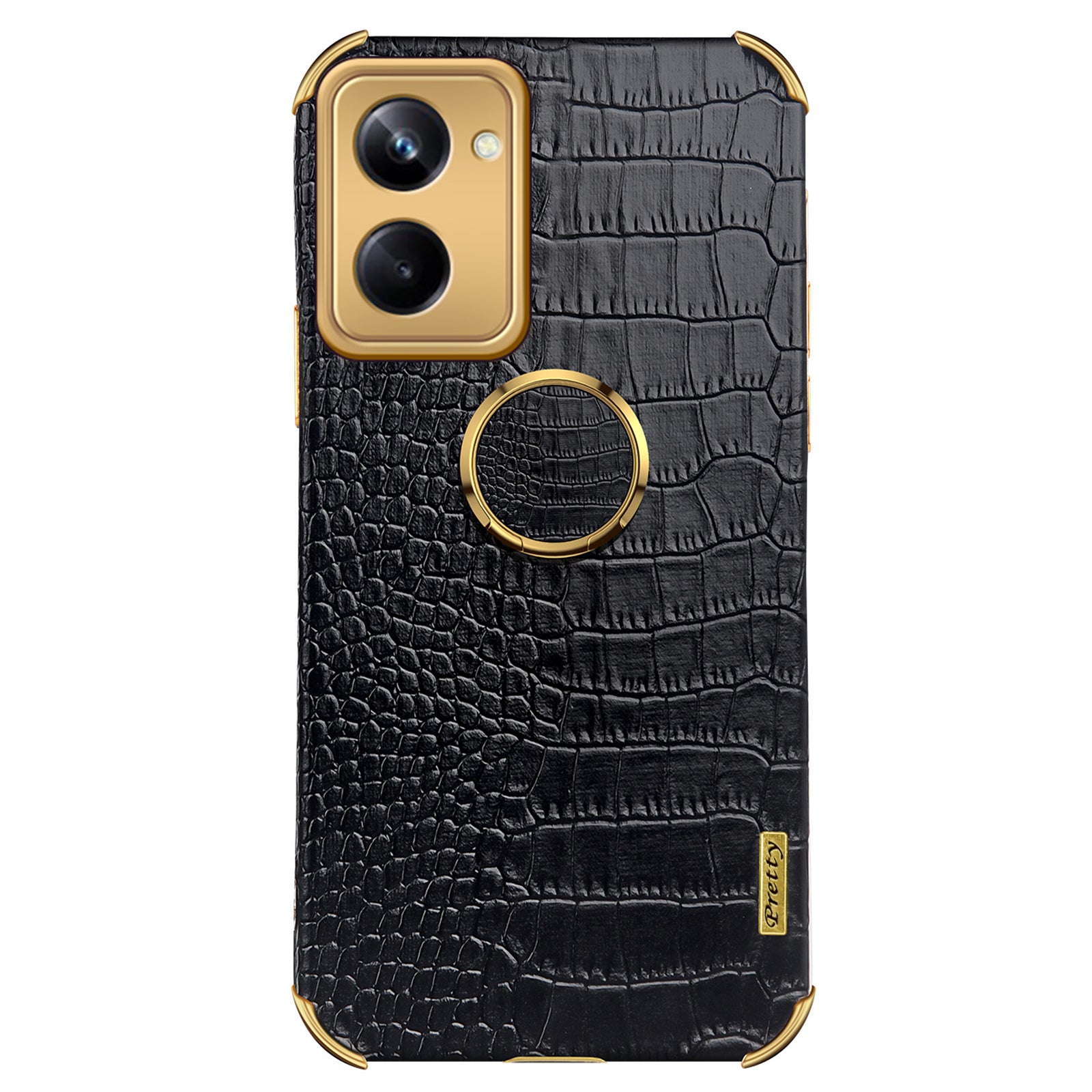 For Realme 10 Pro 5G Ring Kickstand Electroplating Phone Case Crocodile Texture Anti-drop PU Leather Coated TPU Cover