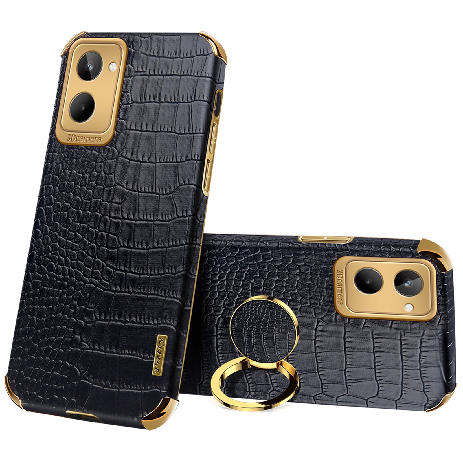 For Realme 10 4G Shockproof Ring Kickstand Electroplating Phone Case Crocodile Texture PU Leather Coated TPU Cover