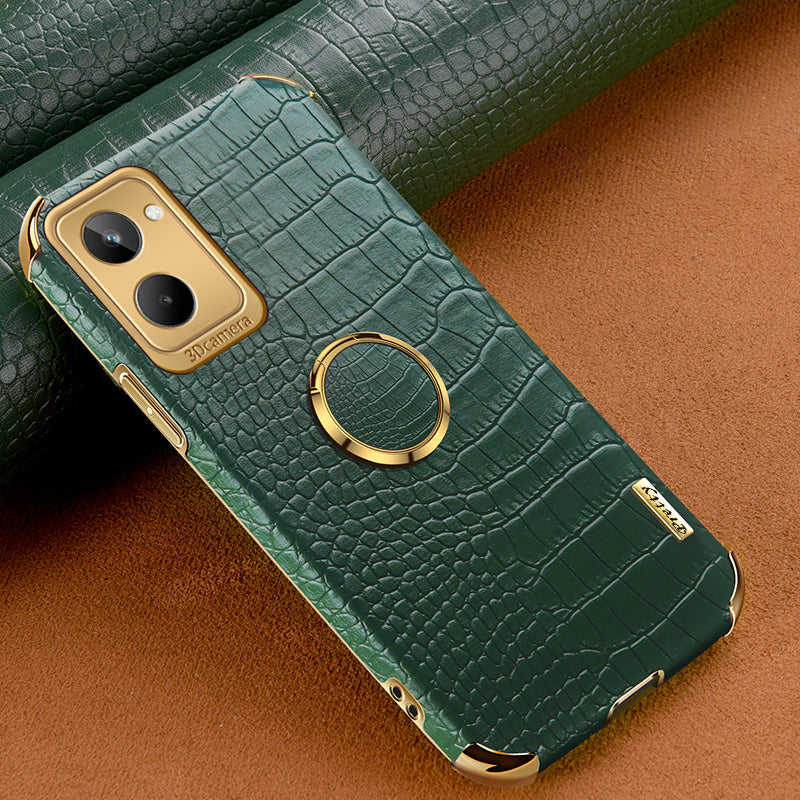 For Realme 10 4G Shockproof Ring Kickstand Electroplating Phone Case Crocodile Texture PU Leather Coated TPU Cover