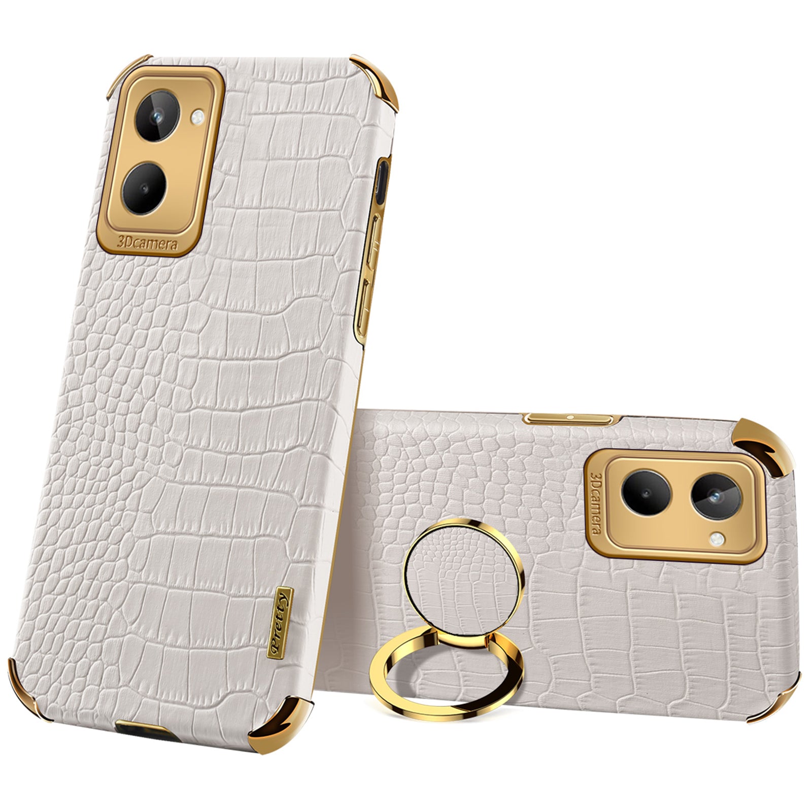 For Realme 10 4G Shockproof Ring Kickstand Electroplating Phone Case Crocodile Texture PU Leather Coated TPU Cover