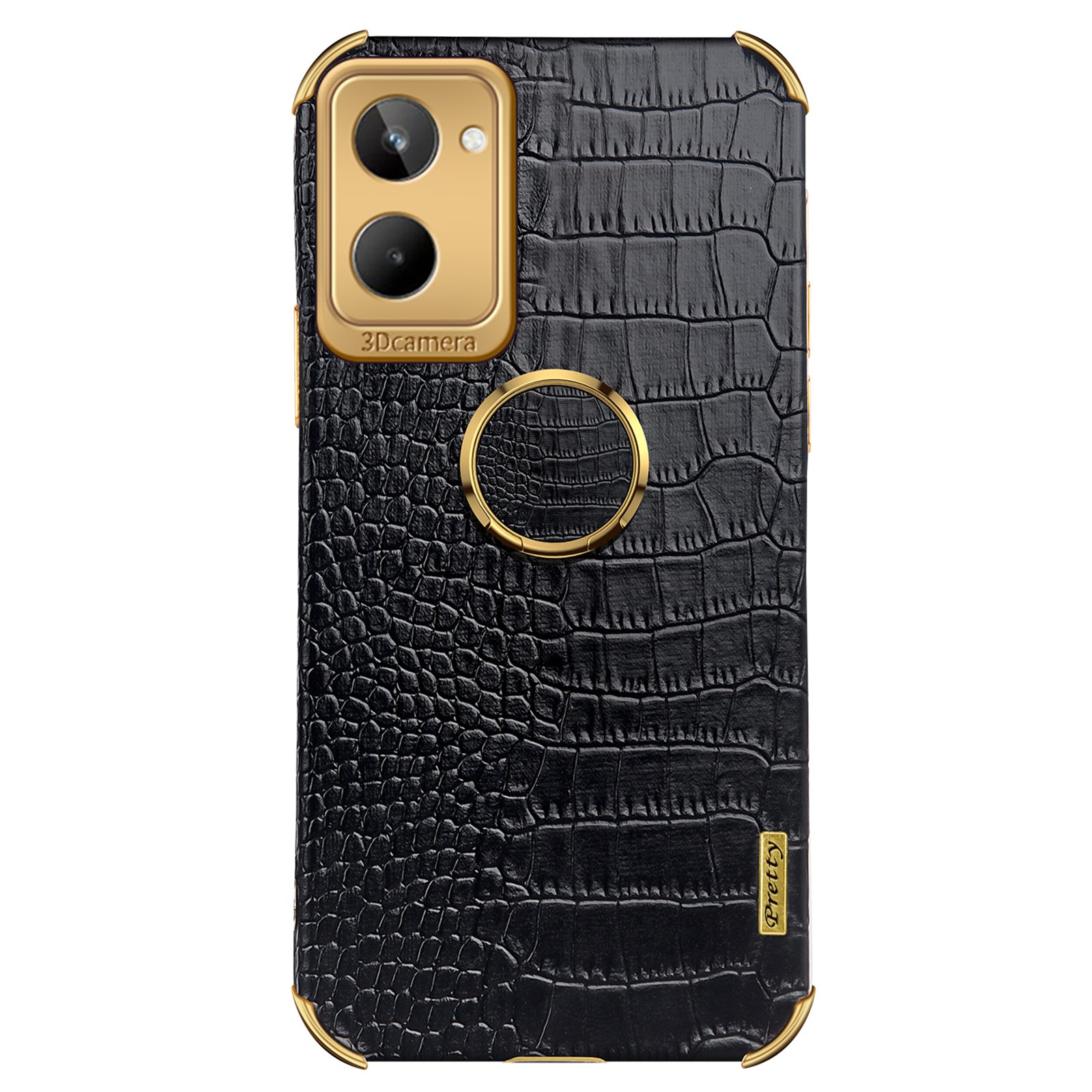 For Realme 10 4G Shockproof Ring Kickstand Electroplating Phone Case Crocodile Texture PU Leather Coated TPU Cover