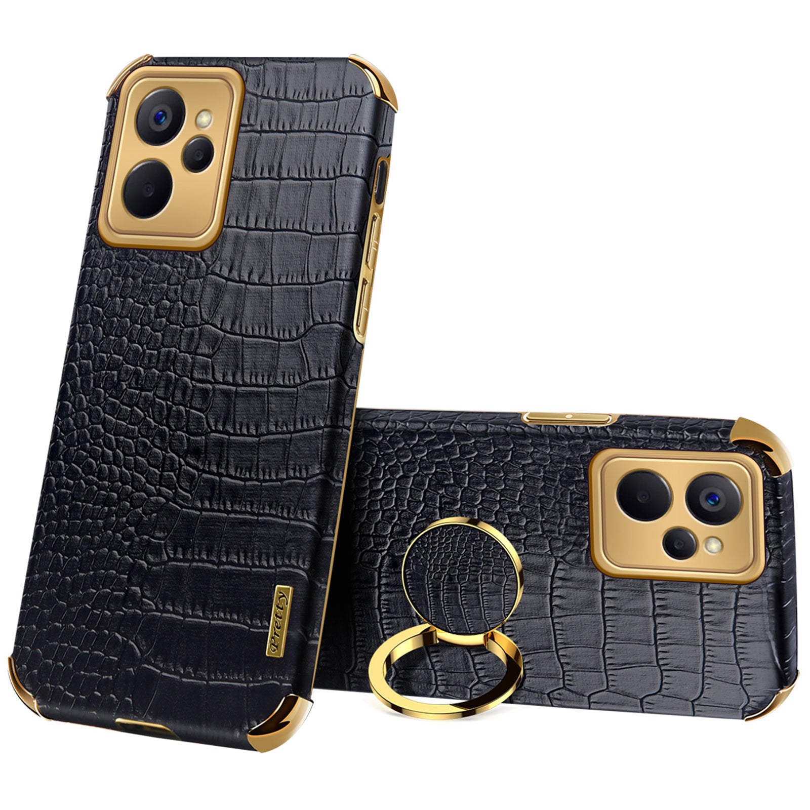For Realme 10 5G Realme 9i 5G Fall Protection Ring Kickstand Electroplating Phone Case Crocodile Texture PU Leather Coated TPU Cover