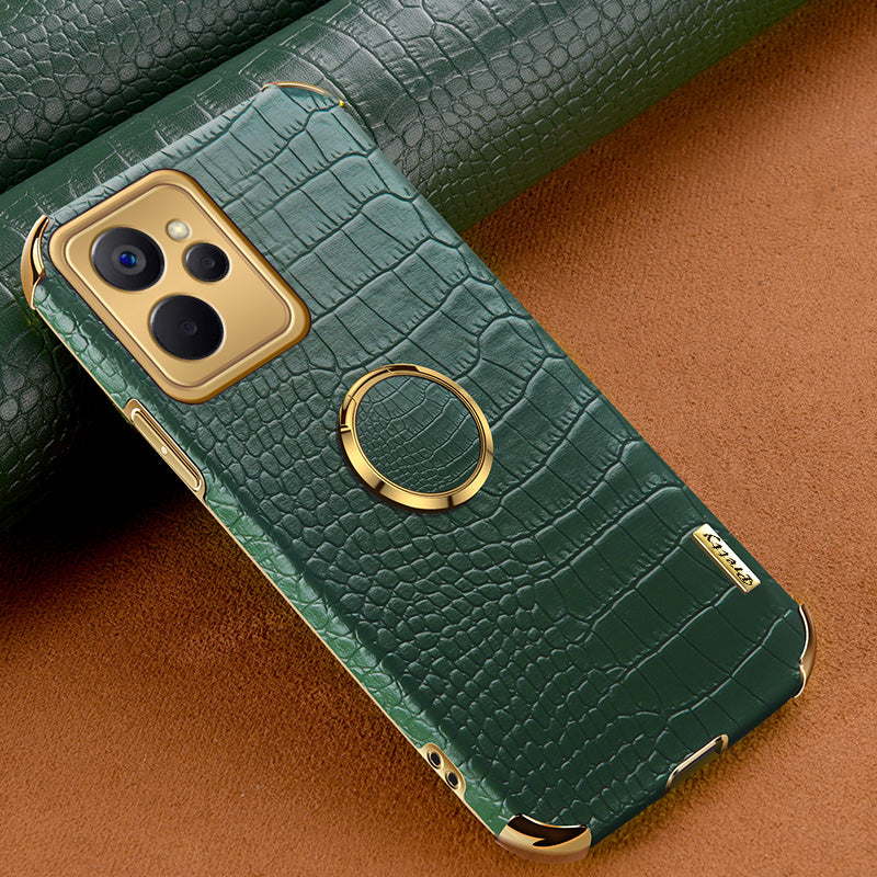 For Realme 10 5G Realme 9i 5G Fall Protection Ring Kickstand Electroplating Phone Case Crocodile Texture PU Leather Coated TPU Cover