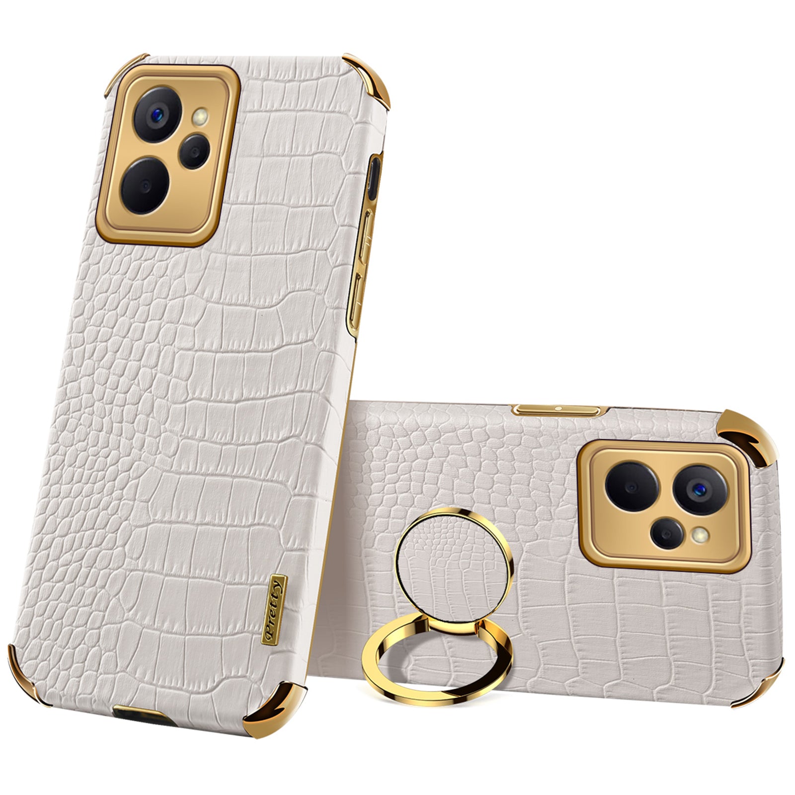 For Realme 10 5G Realme 9i 5G Fall Protection Ring Kickstand Electroplating Phone Case Crocodile Texture PU Leather Coated TPU Cover