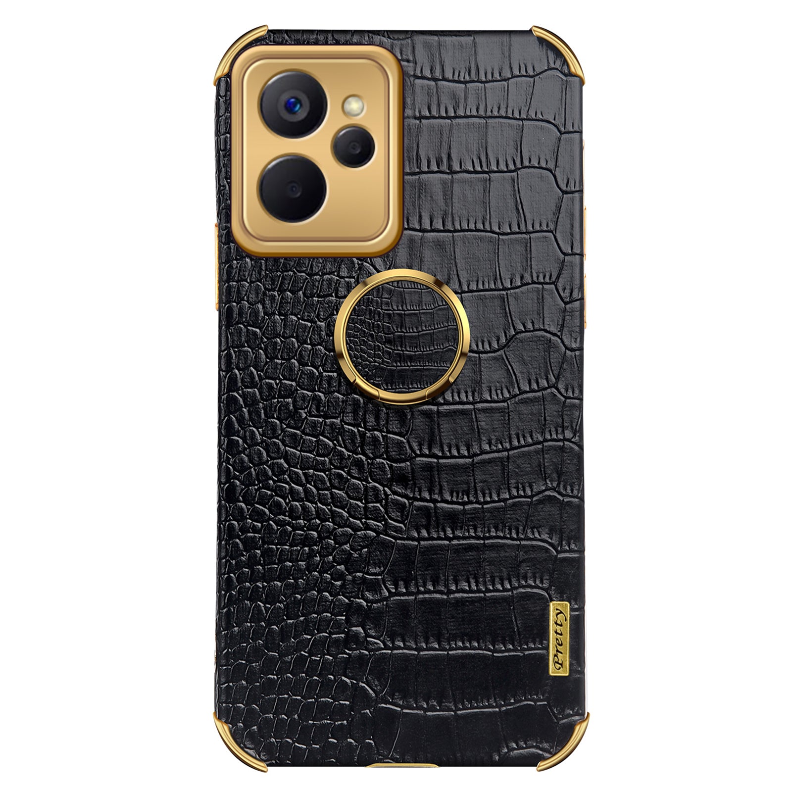 For Realme 10 5G Realme 9i 5G Fall Protection Ring Kickstand Electroplating Phone Case Crocodile Texture PU Leather Coated TPU Cover
