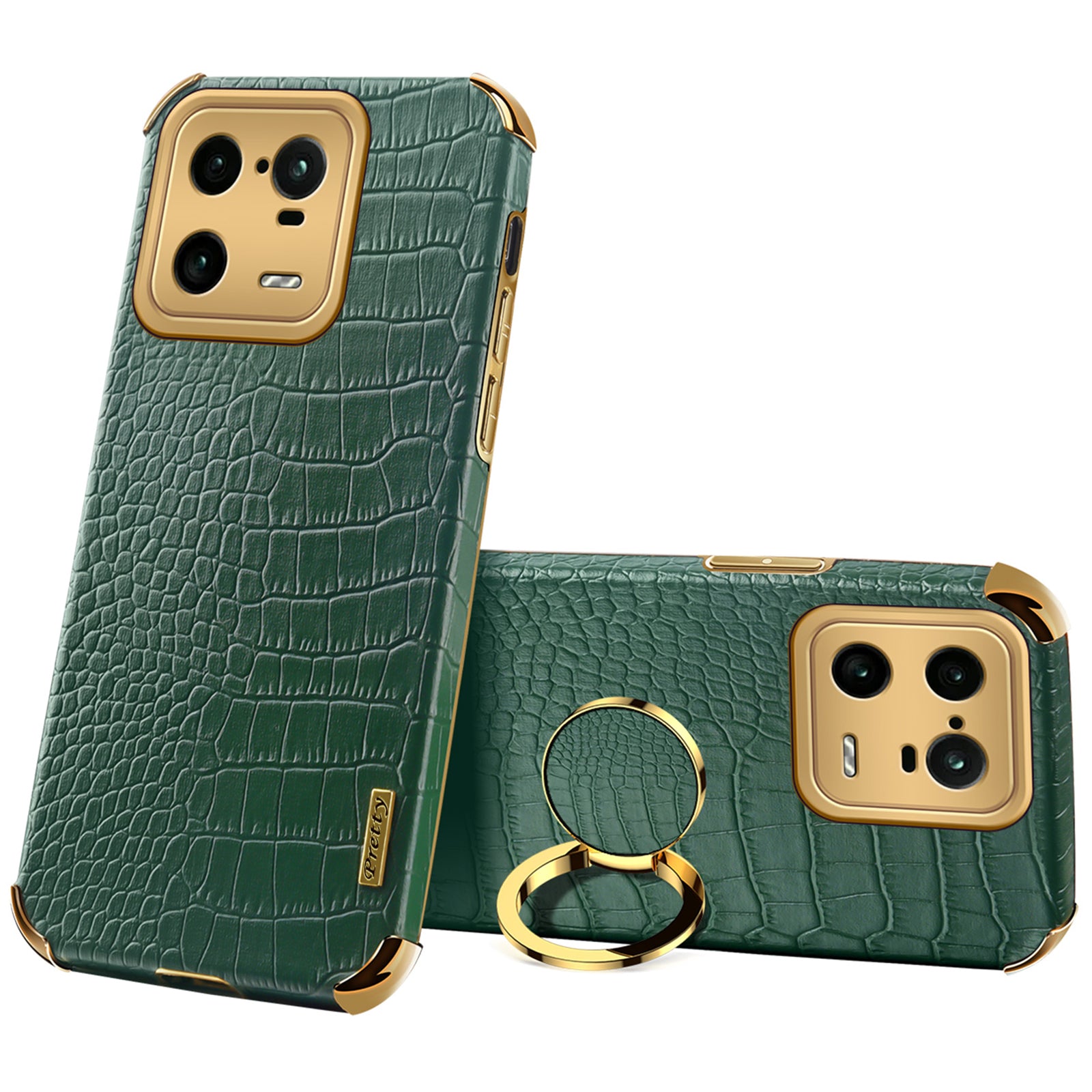 For Xiaomi 13 Pro 5G Ring Kickstand Electroplating Phone Case Well-protected Crocodile Texture PU Leather Coated TPU Cover