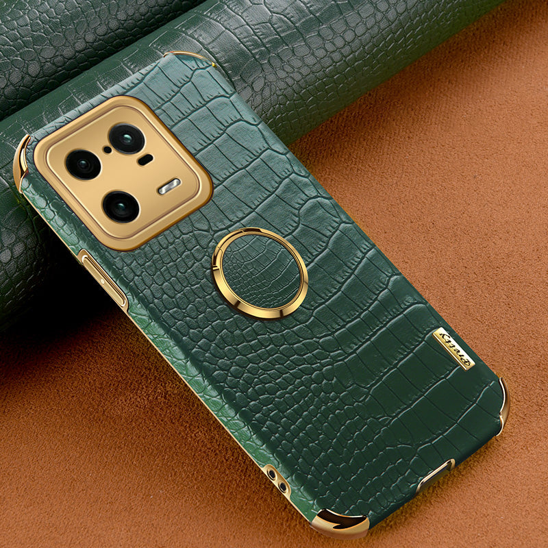 For Xiaomi 13 Pro 5G Ring Kickstand Electroplating Phone Case Well-protected Crocodile Texture PU Leather Coated TPU Cover