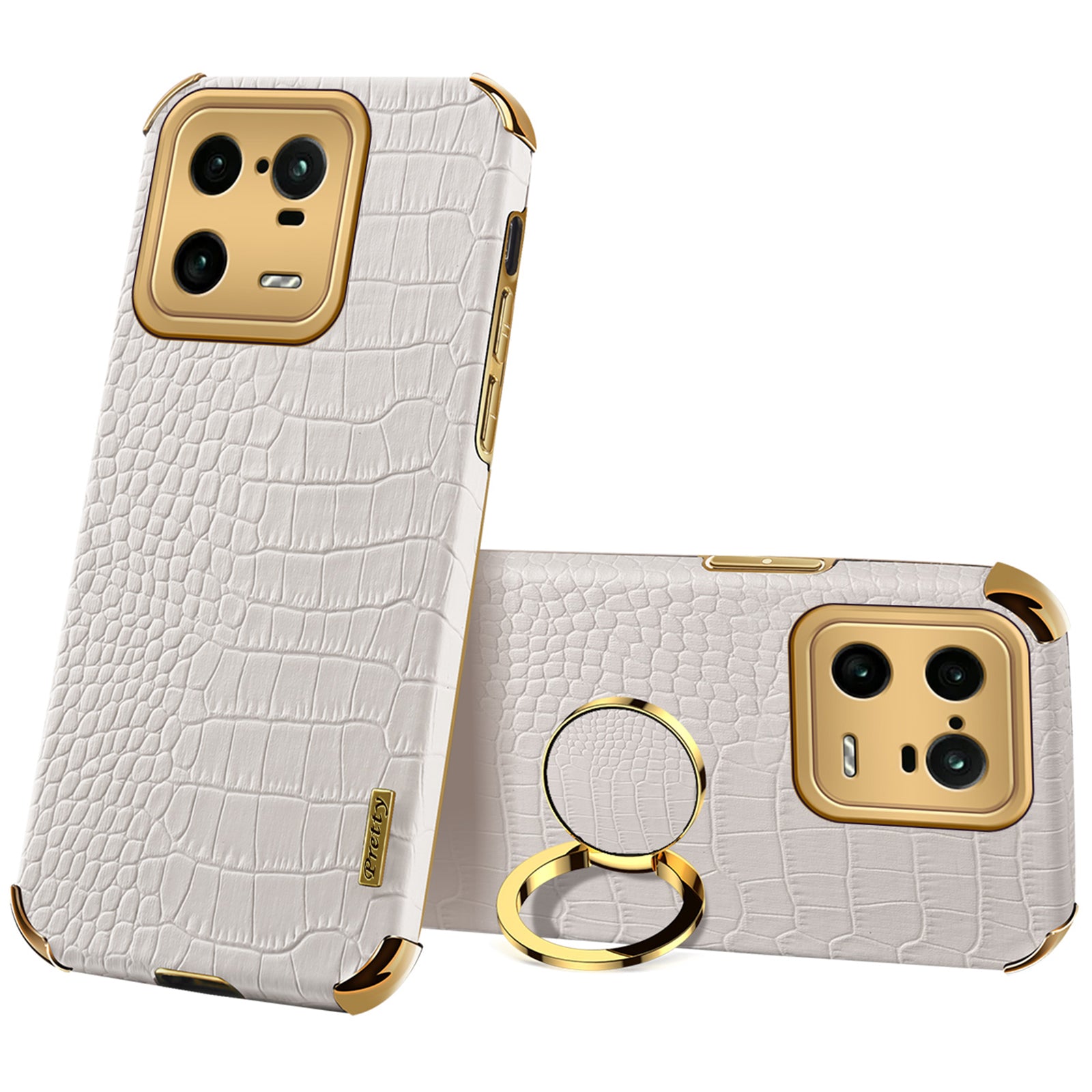 For Xiaomi 13 Pro 5G Ring Kickstand Electroplating Phone Case Well-protected Crocodile Texture PU Leather Coated TPU Cover