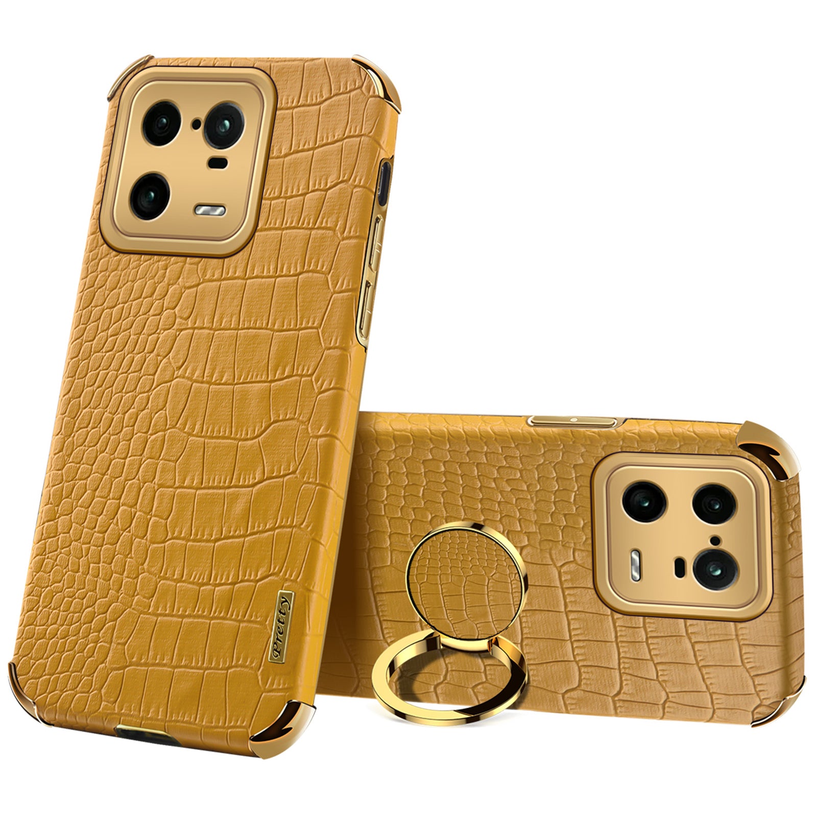 For Xiaomi 13 Pro 5G Ring Kickstand Electroplating Phone Case Well-protected Crocodile Texture PU Leather Coated TPU Cover