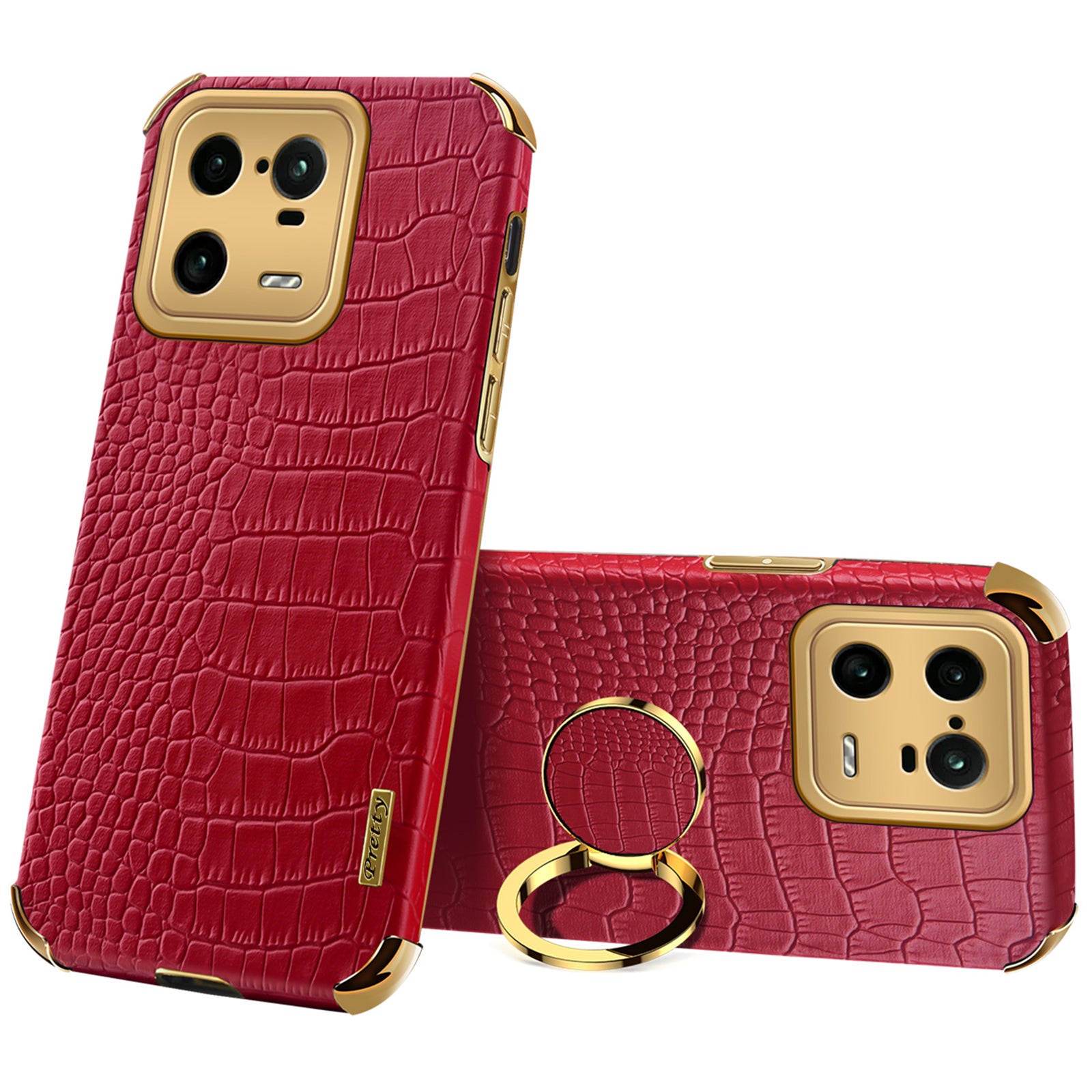 For Xiaomi 13 Pro 5G Ring Kickstand Electroplating Phone Case Well-protected Crocodile Texture PU Leather Coated TPU Cover