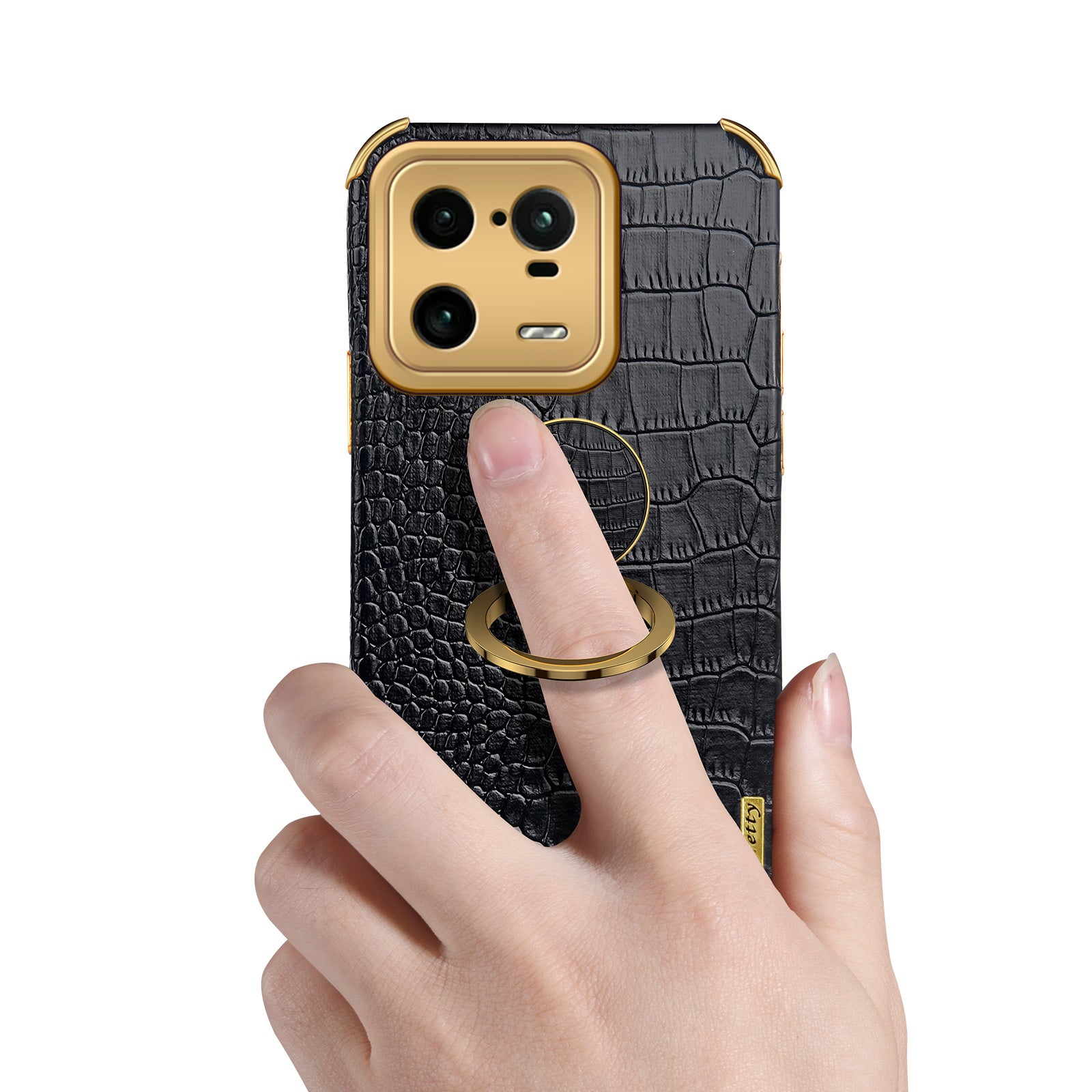 For Xiaomi 13 Pro 5G Ring Kickstand Electroplating Phone Case Well-protected Crocodile Texture PU Leather Coated TPU Cover