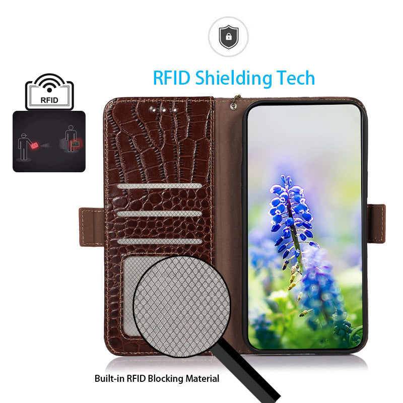 For Motorola Moto Edge 40 Pro 5G Moto X40 5G RFID Blocking Anti-drop Flip Wallet Phone Case Stand Crocodile Texture Genuine Cowhide Leather Cell Phone Cover