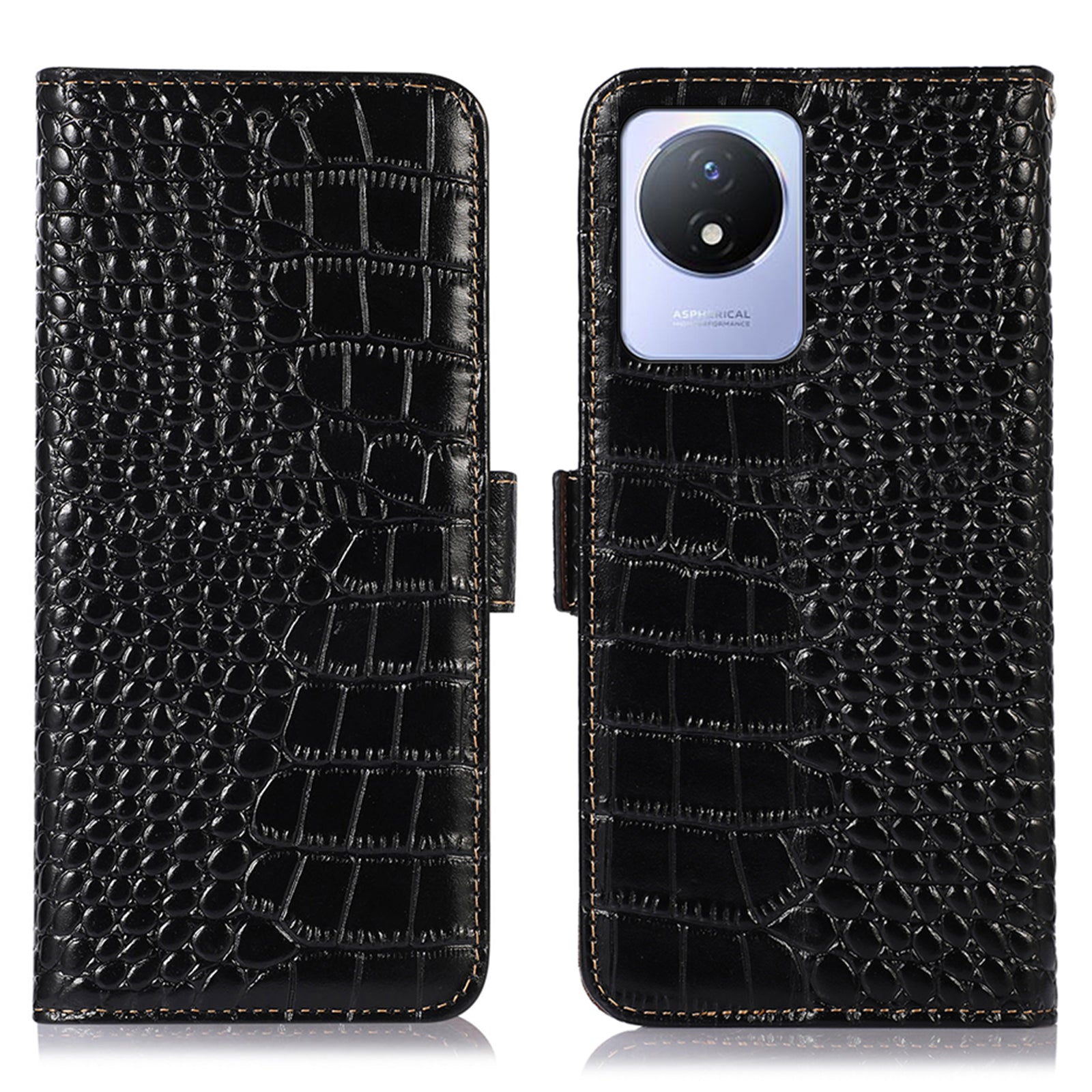 For vivo Y02 4G RFID Blocking Anti-scratch Phone Case Foldable Stand Crocodile Texture Genuine Cowhide Leather Flip Wallet Phone Cover