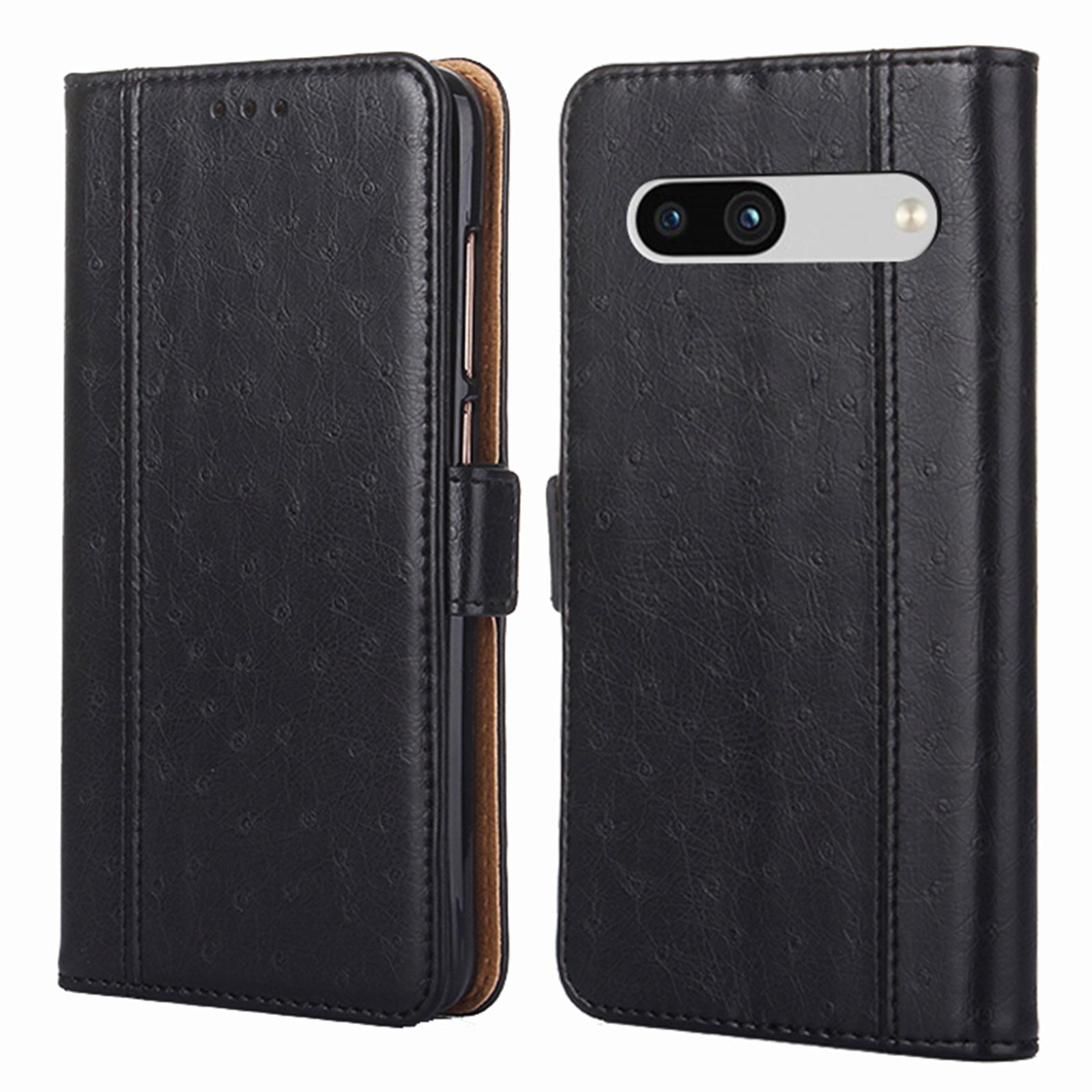 For Google Pixel 7a Full Protection Ostrich Texture Phone Case Wallet Stand Anti-scratch PU Leather Magnetic Flip Phone Cover