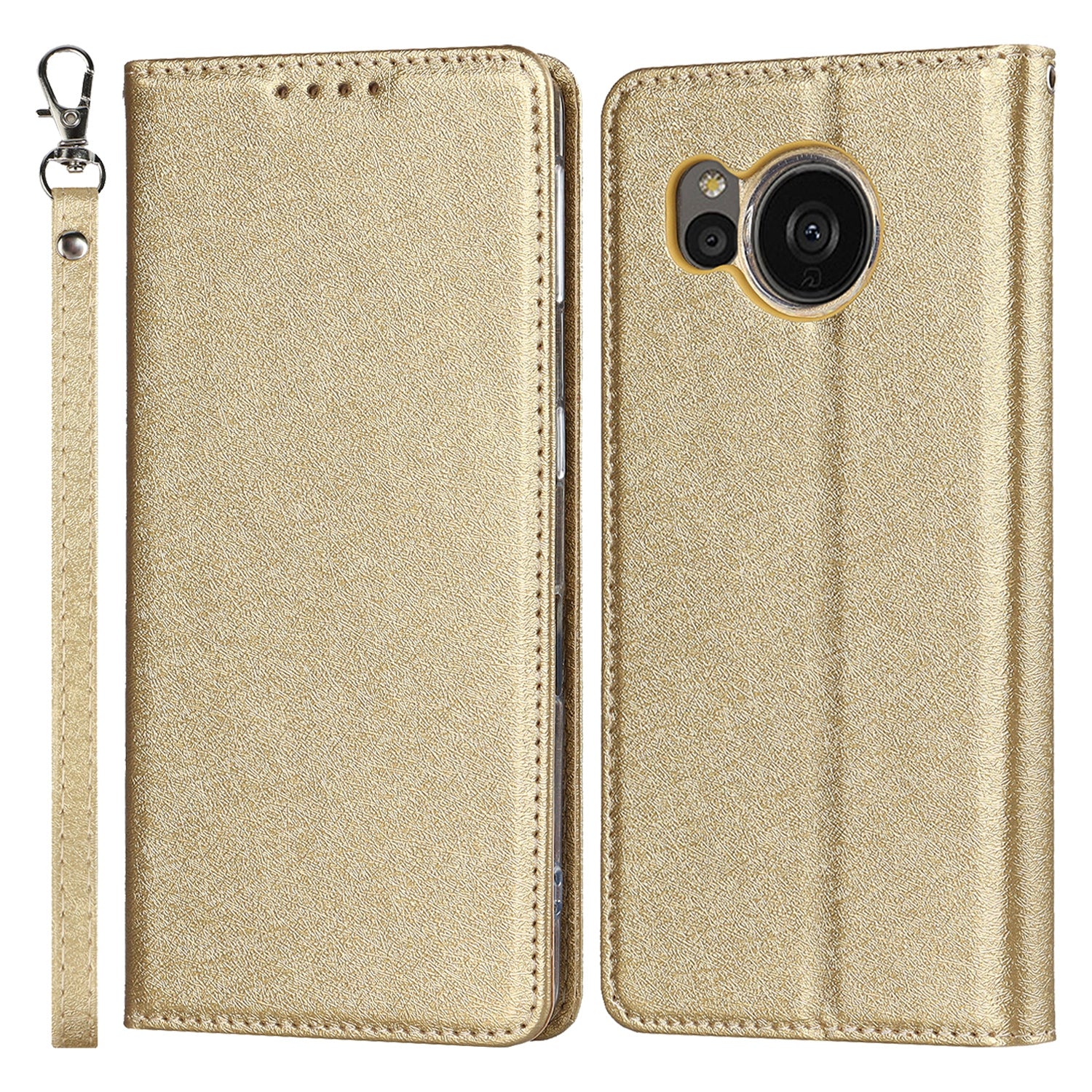 For Sharp Aquos Sense 7 Anti-Fingerprint PU Leather Wallet Phone Case Silk Texture Stand Phone Cover Protector with Wrist Strap