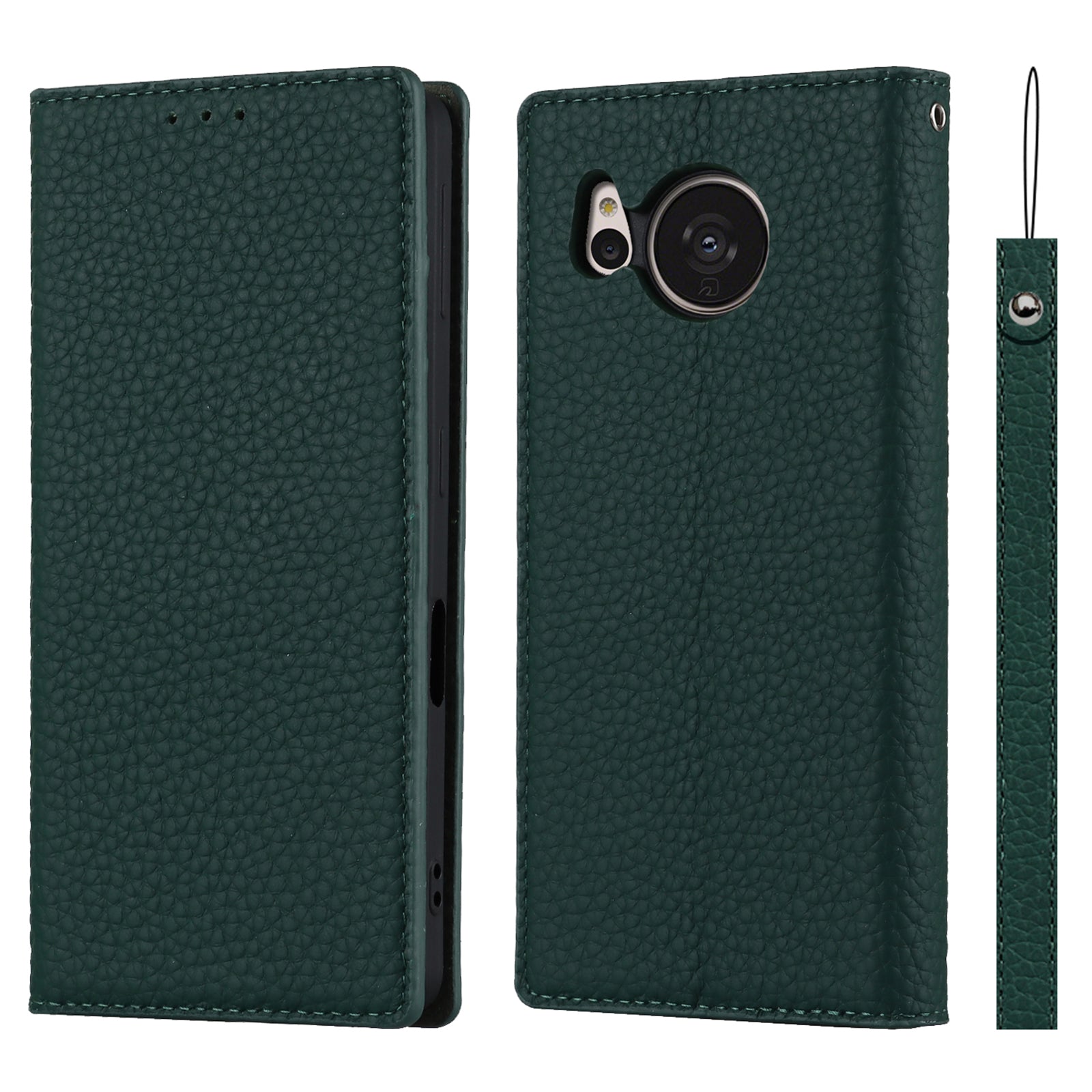 For Sharp Aquos Sense 7 Genuine Leather Case Anti-Scratch Litchi Texture Flip Wallet Stand Phone Protective Cover with Strap