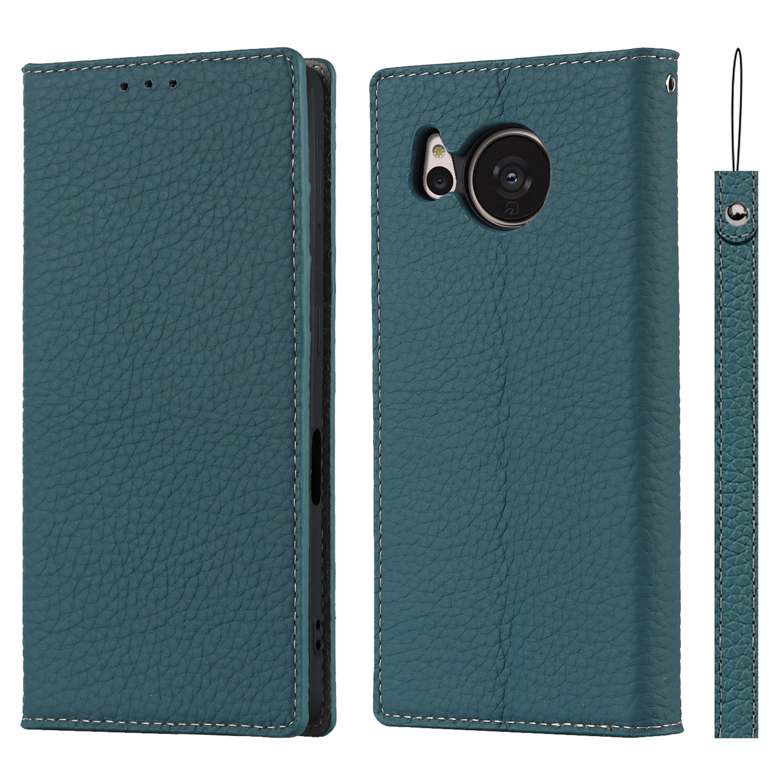 For Sharp Aquos Sense 7 Genuine Leather Case Anti-Scratch Litchi Texture Flip Wallet Stand Phone Protective Cover with Strap