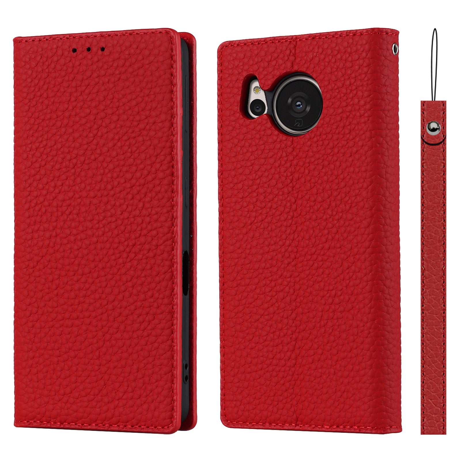 For Sharp Aquos Sense 7 Genuine Leather Case Anti-Scratch Litchi Texture Flip Wallet Stand Phone Protective Cover with Strap