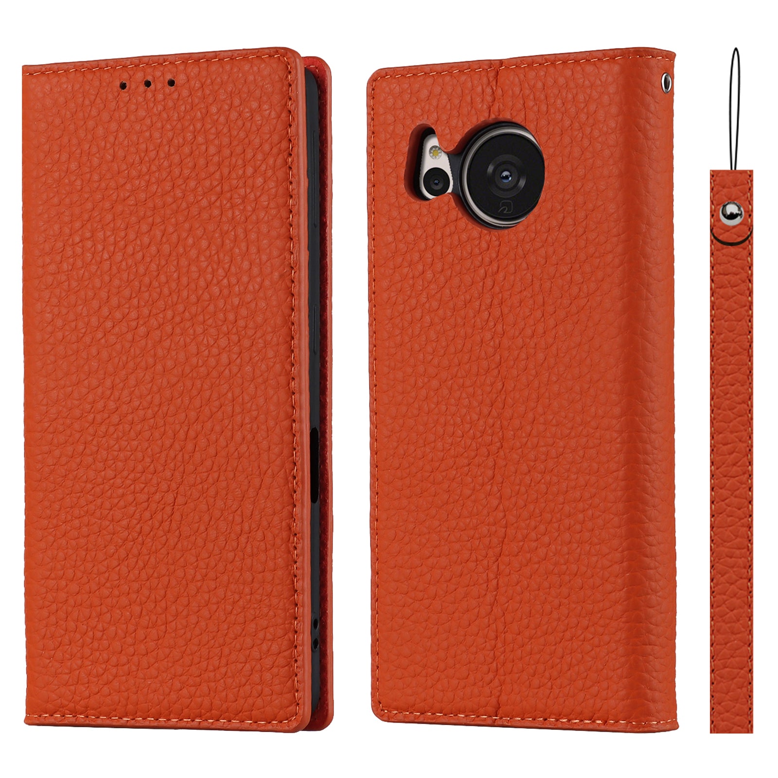 For Sharp Aquos Sense 7 Genuine Leather Case Anti-Scratch Litchi Texture Flip Wallet Stand Phone Protective Cover with Strap