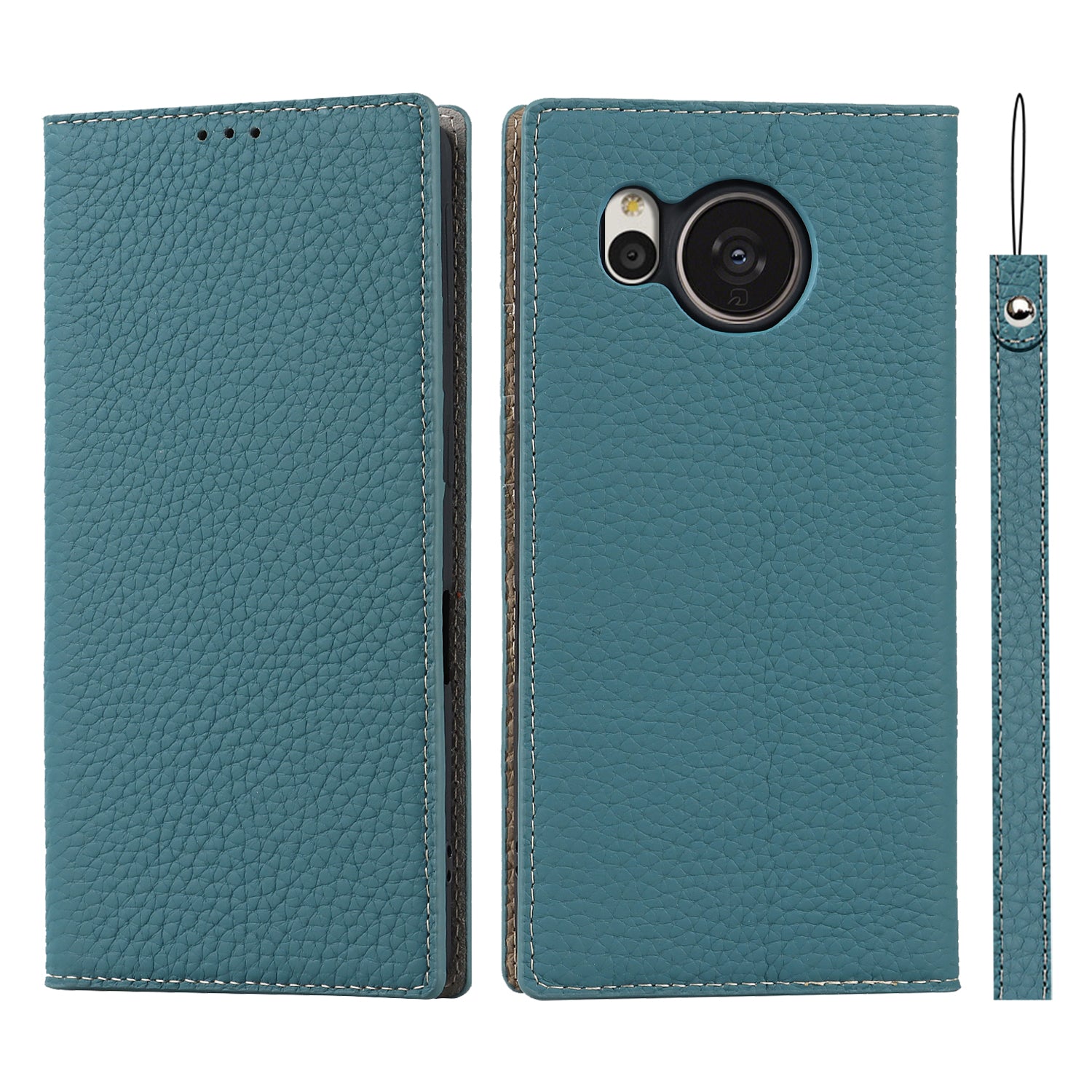 For Sharp Aquos Sense 7 Plus Stand Design Phone Cell Phone Cover Anti-Drop Litchi Texture Genuine Leather Case Flip Wallet with Hand Strap