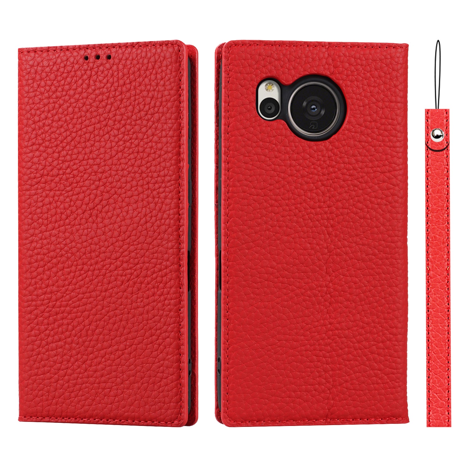 For Sharp Aquos Sense 7 Plus Stand Design Phone Cell Phone Cover Anti-Drop Litchi Texture Genuine Leather Case Flip Wallet with Hand Strap