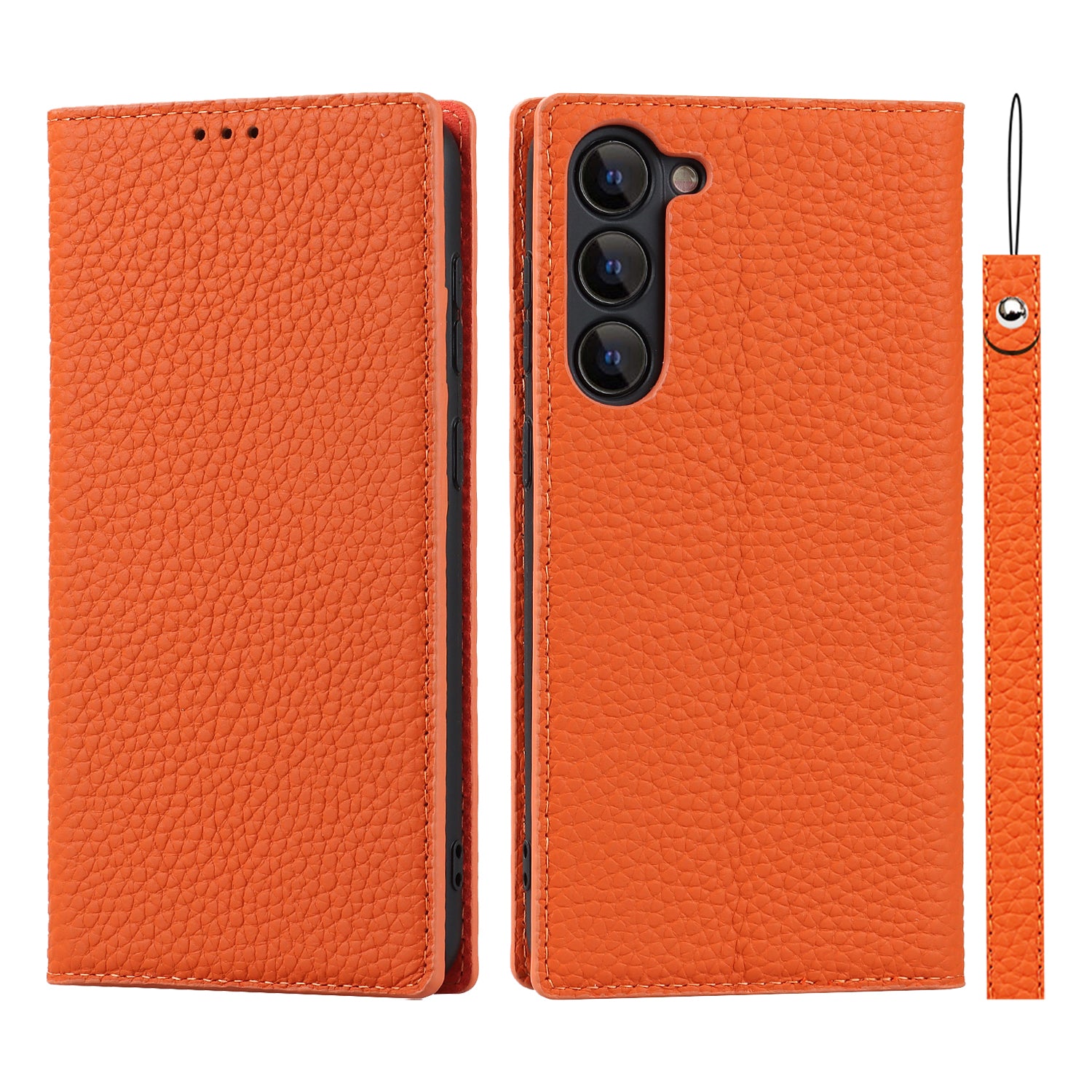 For Samsung Galaxy S23 Shockproof Litchi Texture Phone Case Flip Genuine Leather Wallet Stand Phone Protective Cover with Hand Strap