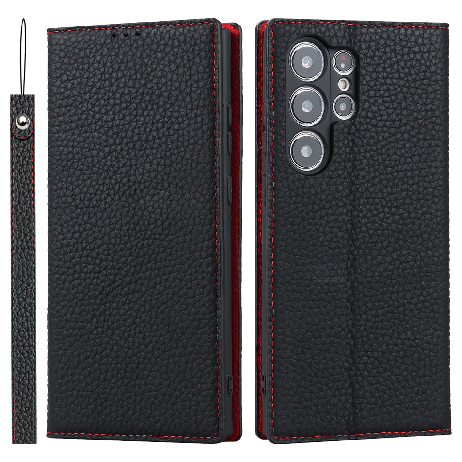 For Samsung Galaxy S23 Ultra Anti-Dust Litchi Texture Genuine Leather Case Flip Wallet Stand Phone Protective Cover with Hand Strap
