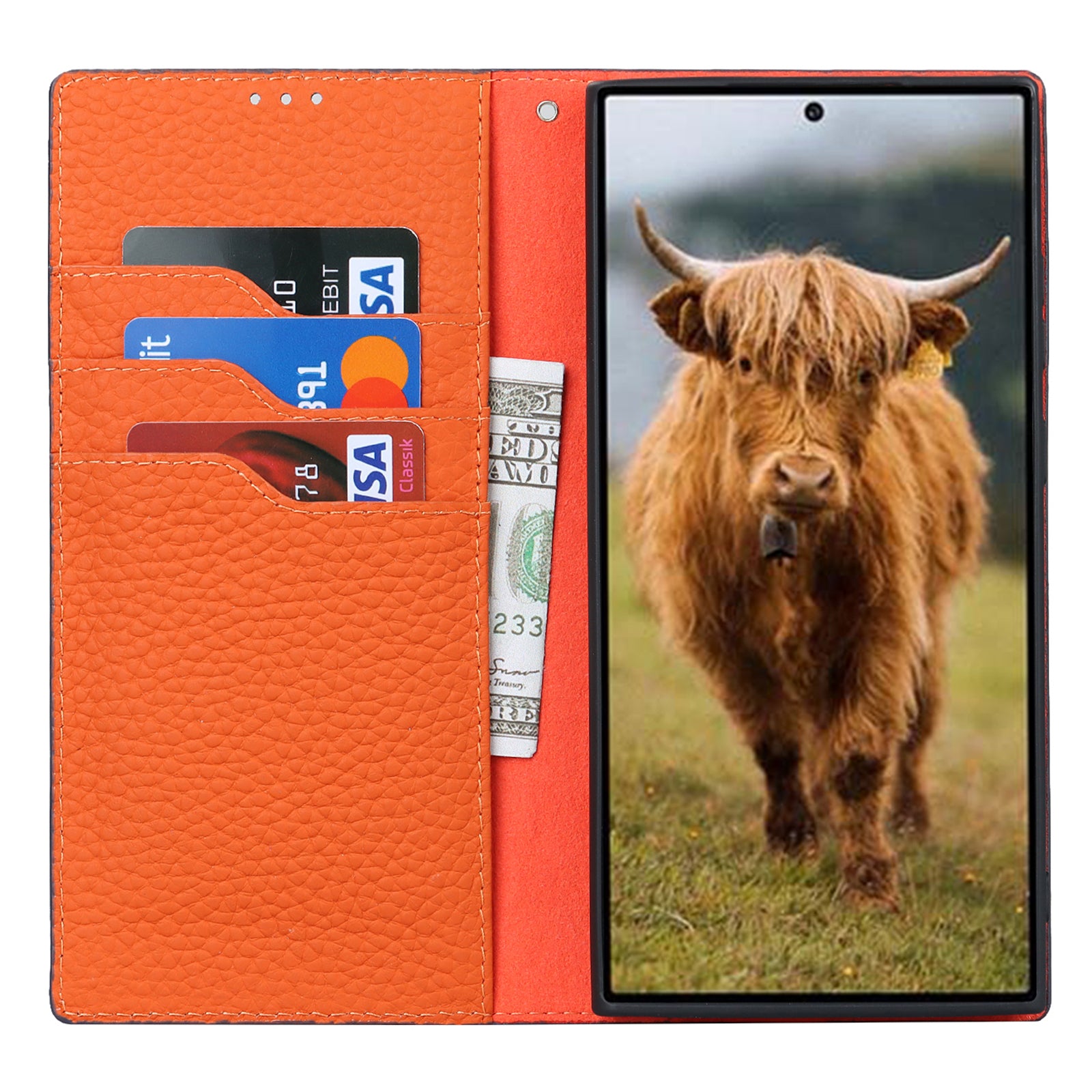 For Samsung Galaxy S23 Ultra Anti-Dust Litchi Texture Genuine Leather Case Flip Wallet Stand Phone Protective Cover with Hand Strap
