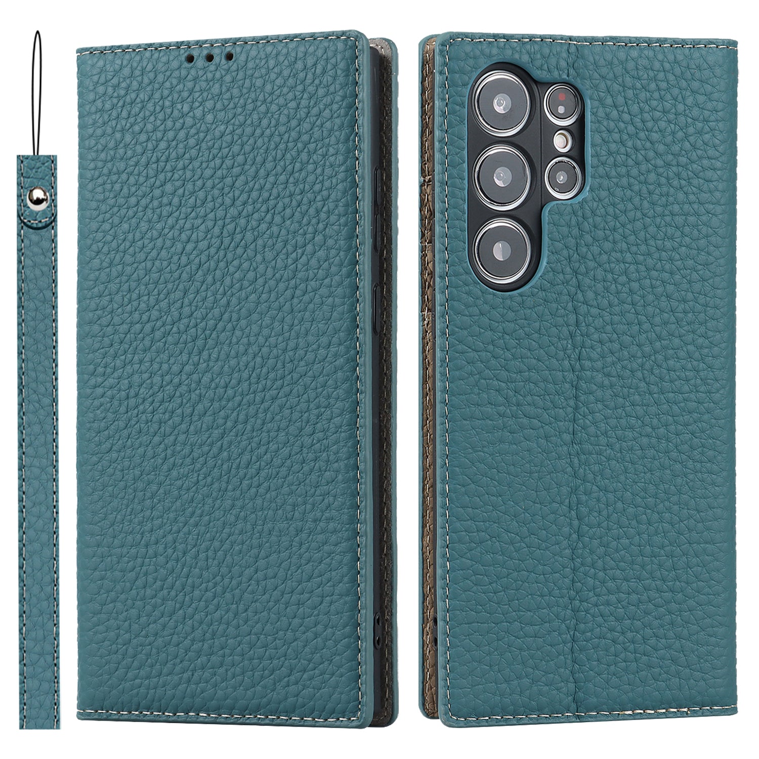For Samsung Galaxy S23 Ultra Anti-Dust Litchi Texture Genuine Leather Case Flip Wallet Stand Phone Protective Cover with Hand Strap