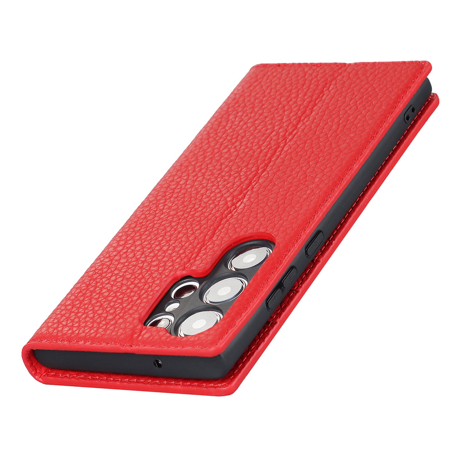 For Samsung Galaxy S23 Ultra Anti-Dust Litchi Texture Genuine Leather Case Flip Wallet Stand Phone Protective Cover with Hand Strap